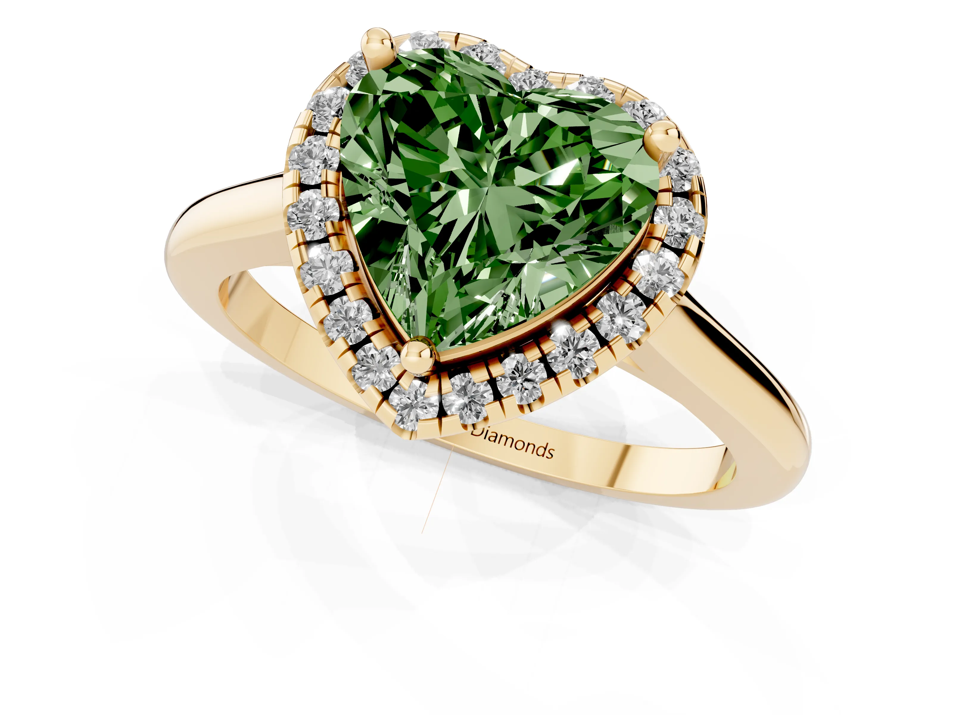Fancy Green Heart Cut Diamond Halo Engagement Ring Set in Yellow gold with Pavé Band and Rising Shoulders