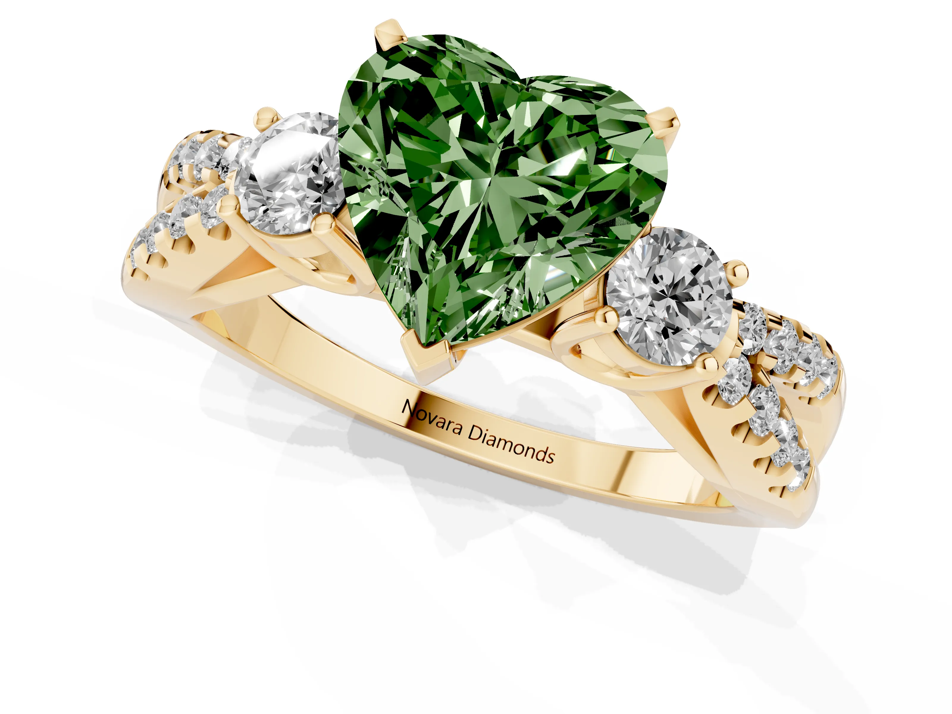 Fancy Green Heart Cut Diamond Three-Stone Ring Set in Yellow gold with Pavé Split Shank and Prong Setting
