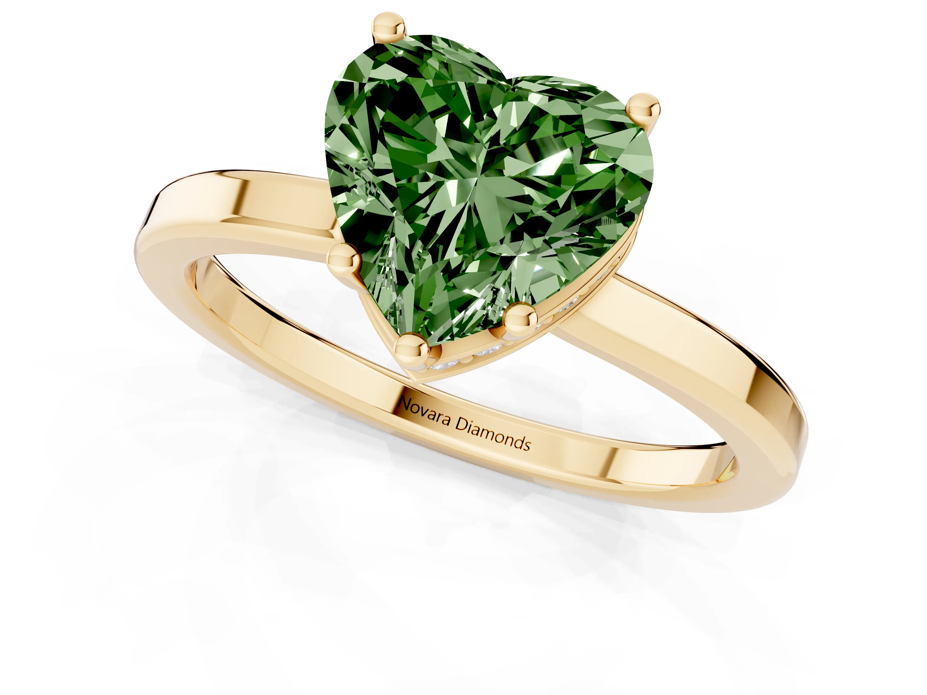 Fancy Green Heart Cut Diamond Solitaire Engagement Ring Set in Yellow gold with Prong Setting on a Plain Band