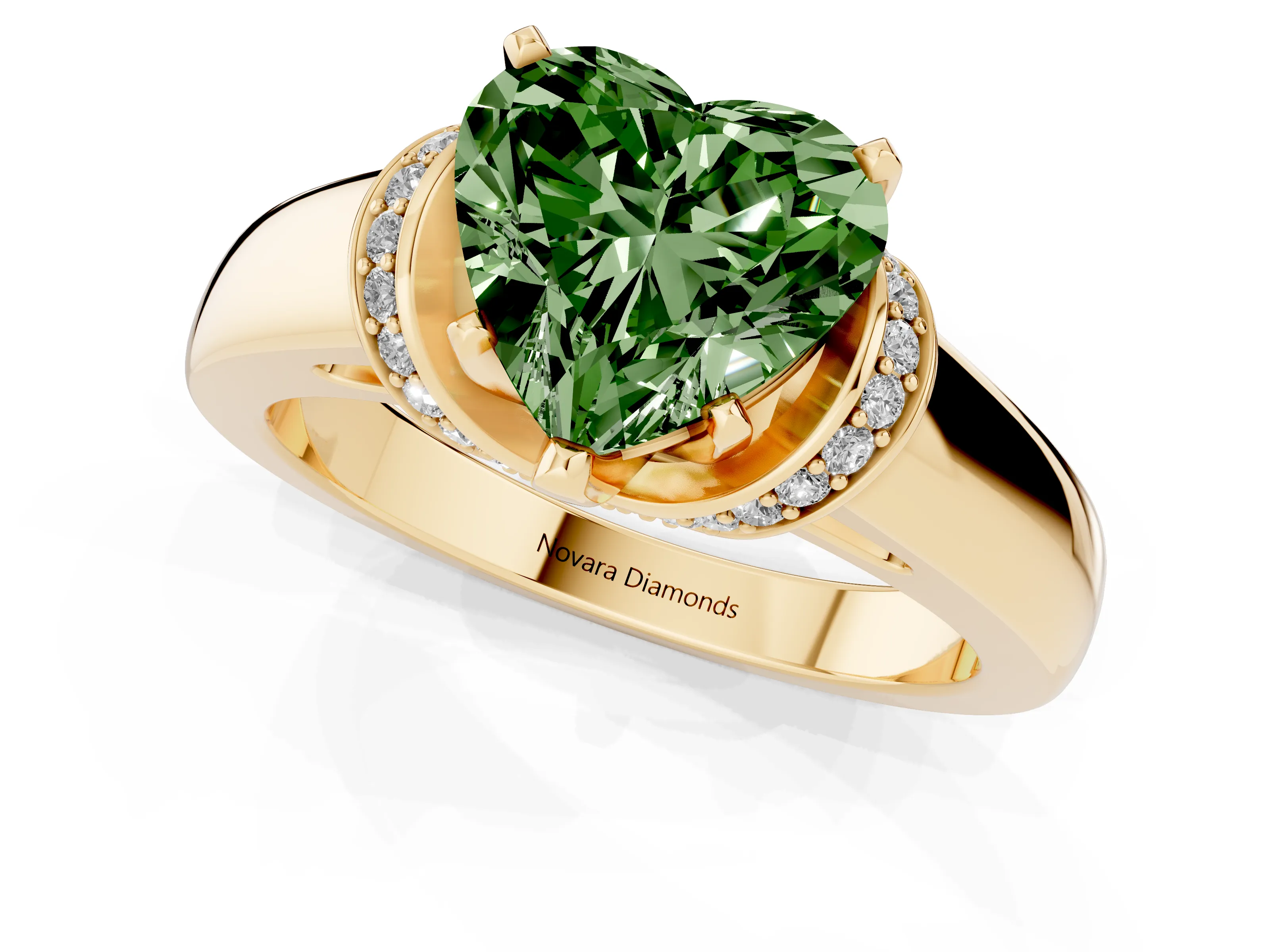 Fancy Green Heart Cut Diamond Pavé Band Solitaire Ring Set in Yellow gold with Prong Setting