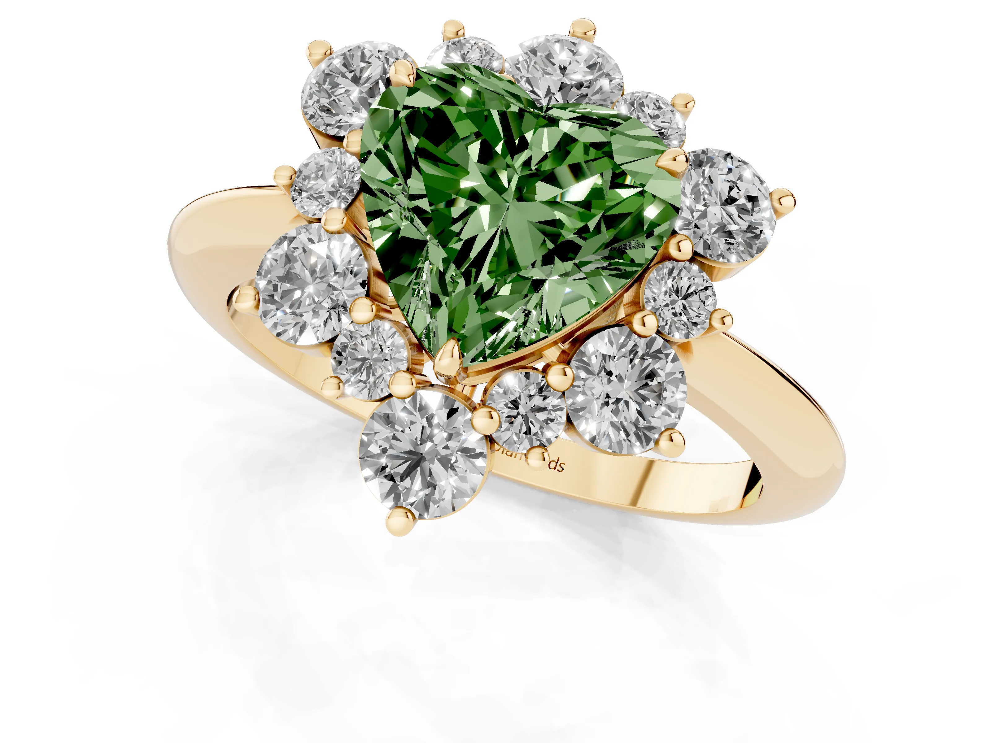 Fancy Green Heart Cut Diamond Cluster Halo Ring Set in Yellow gold with Solitaire Band and Prong Setting