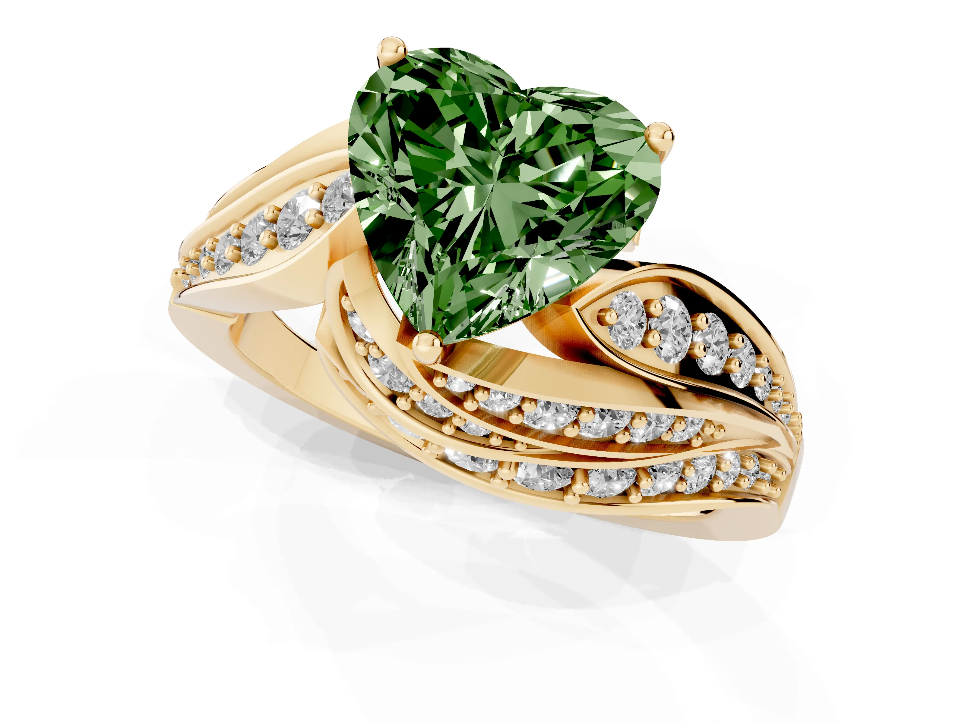 Fancy Green Heart Cut Diamond Solitaire Ring Set in Yellow gold with Layered Twist Pavé Band