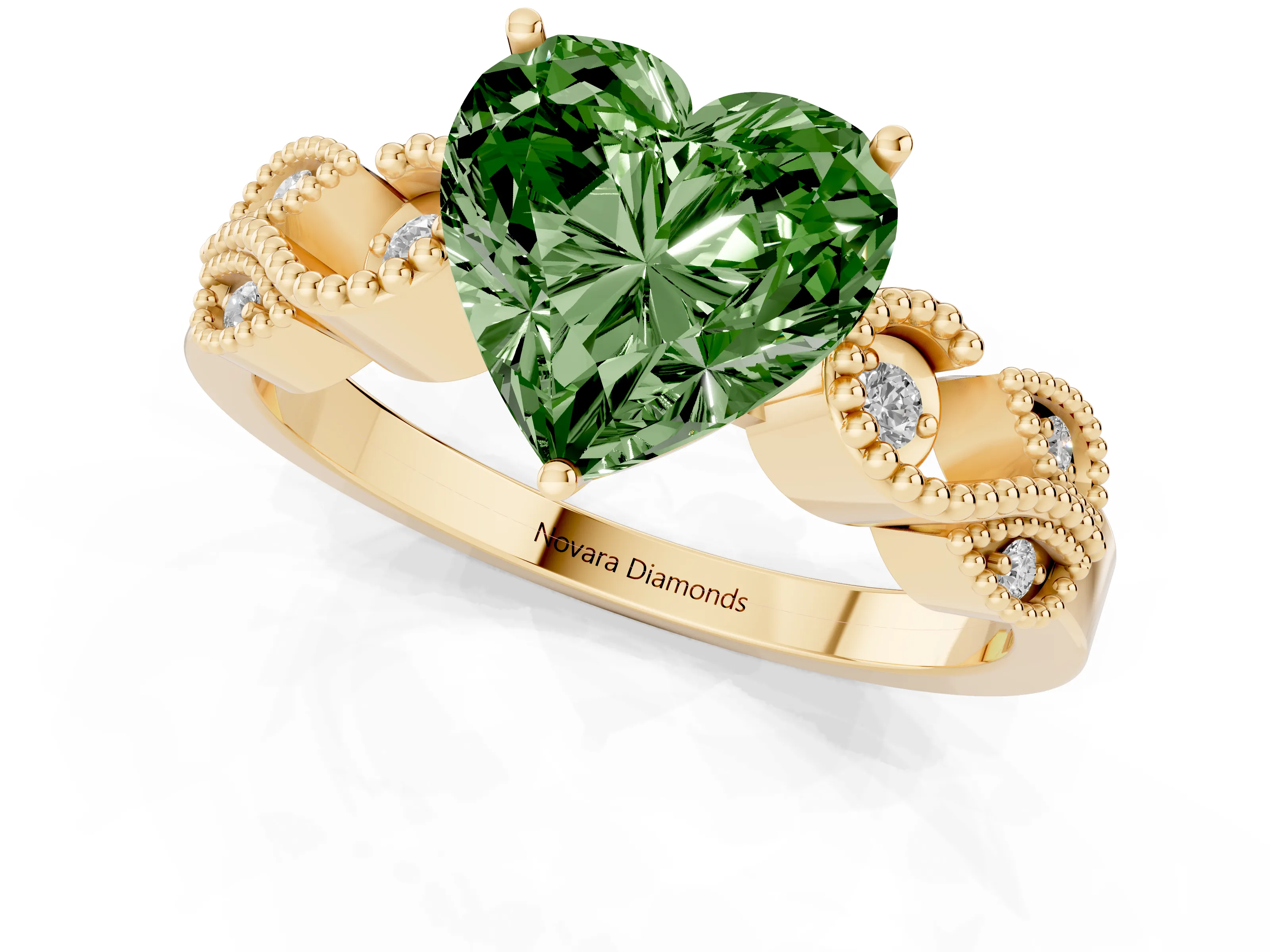 Fancy Green Heart Cut Diamond Milgrain Leaf Band Solitaire Ring Set in Yellow gold with Accent Stones and Prong Setting – second view