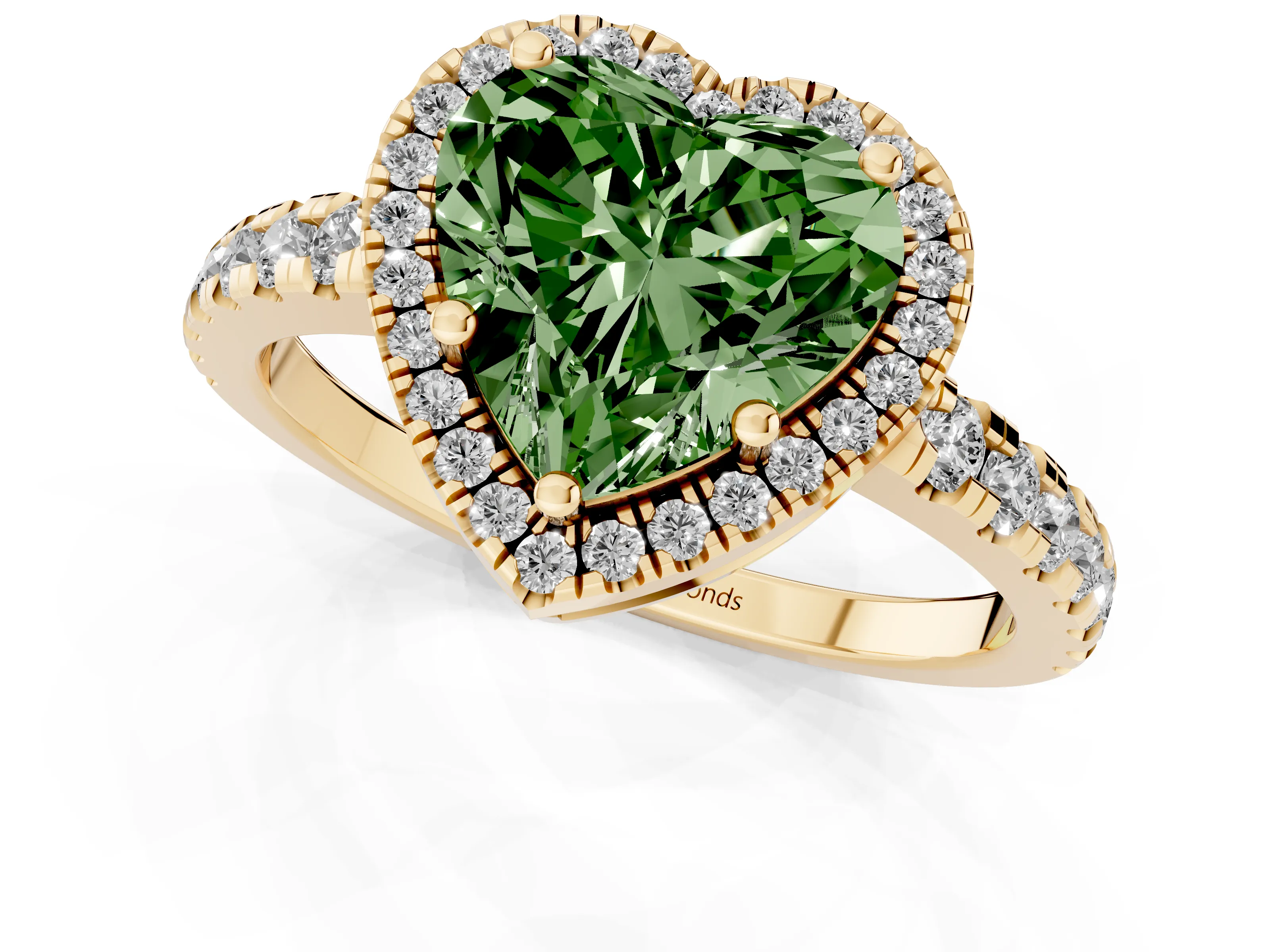 Fancy Green Heart Cut Diamond Halo Ring Set in Yellow gold with Delicate Pavé Band and Prong Setting