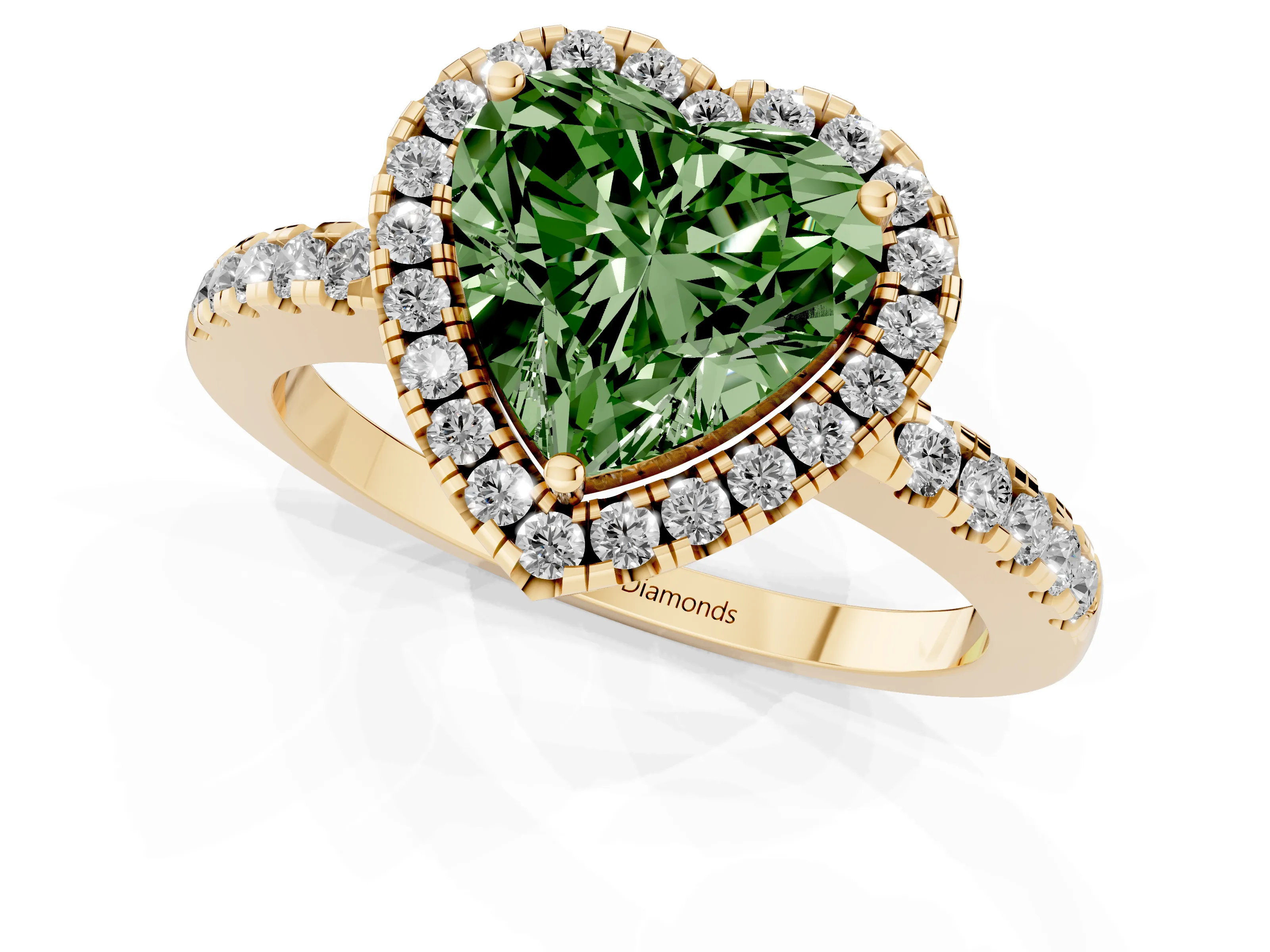 Fancy Green Heart Cut Diamond Pavé Band Halo Engagement Ring Set in Yellow gold with Prong Setting