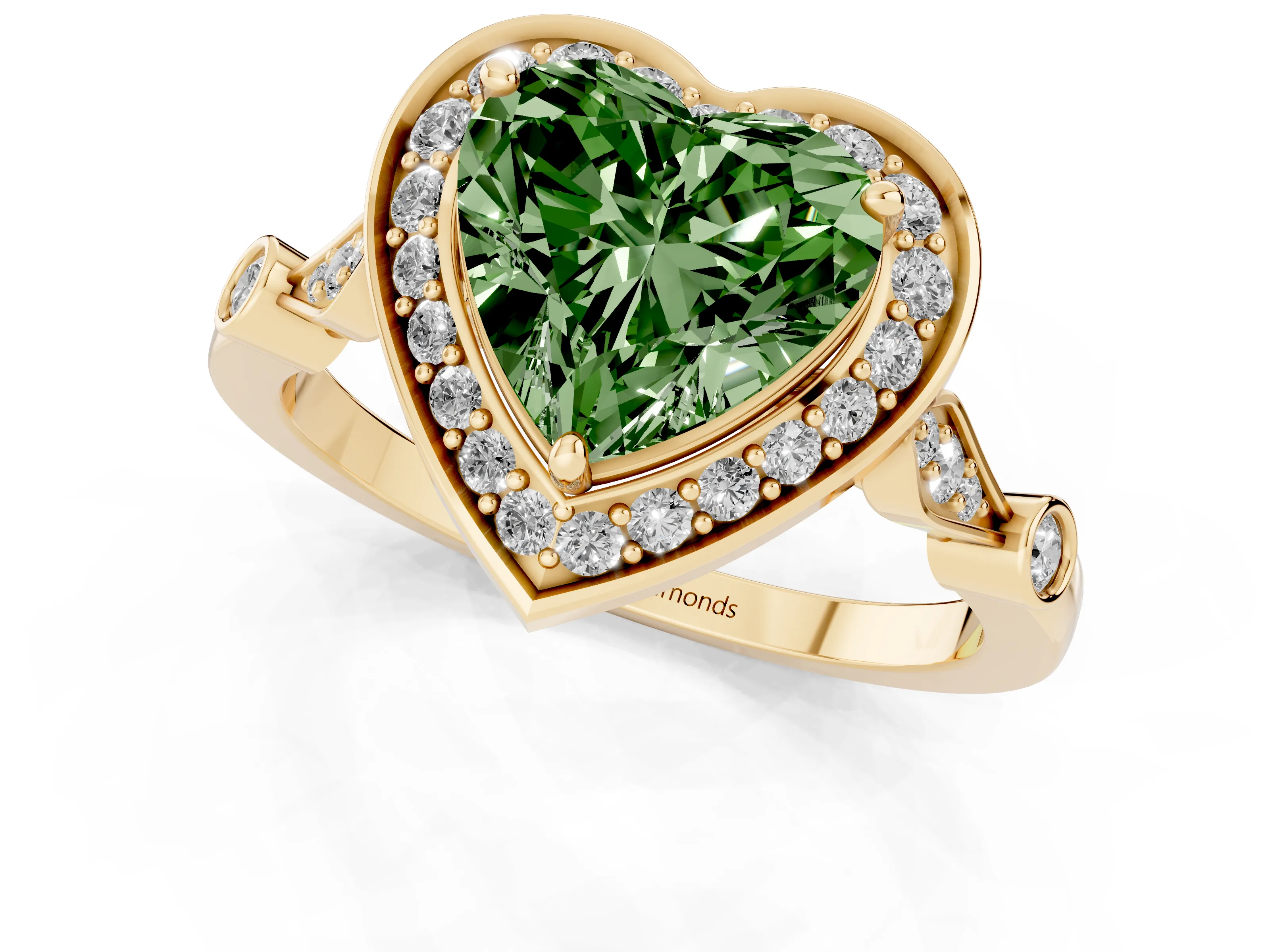 Fancy Green Heart Cut Diamond Halo Engagement Ring Set in Yellow gold with Twisted Band and Prong Setting