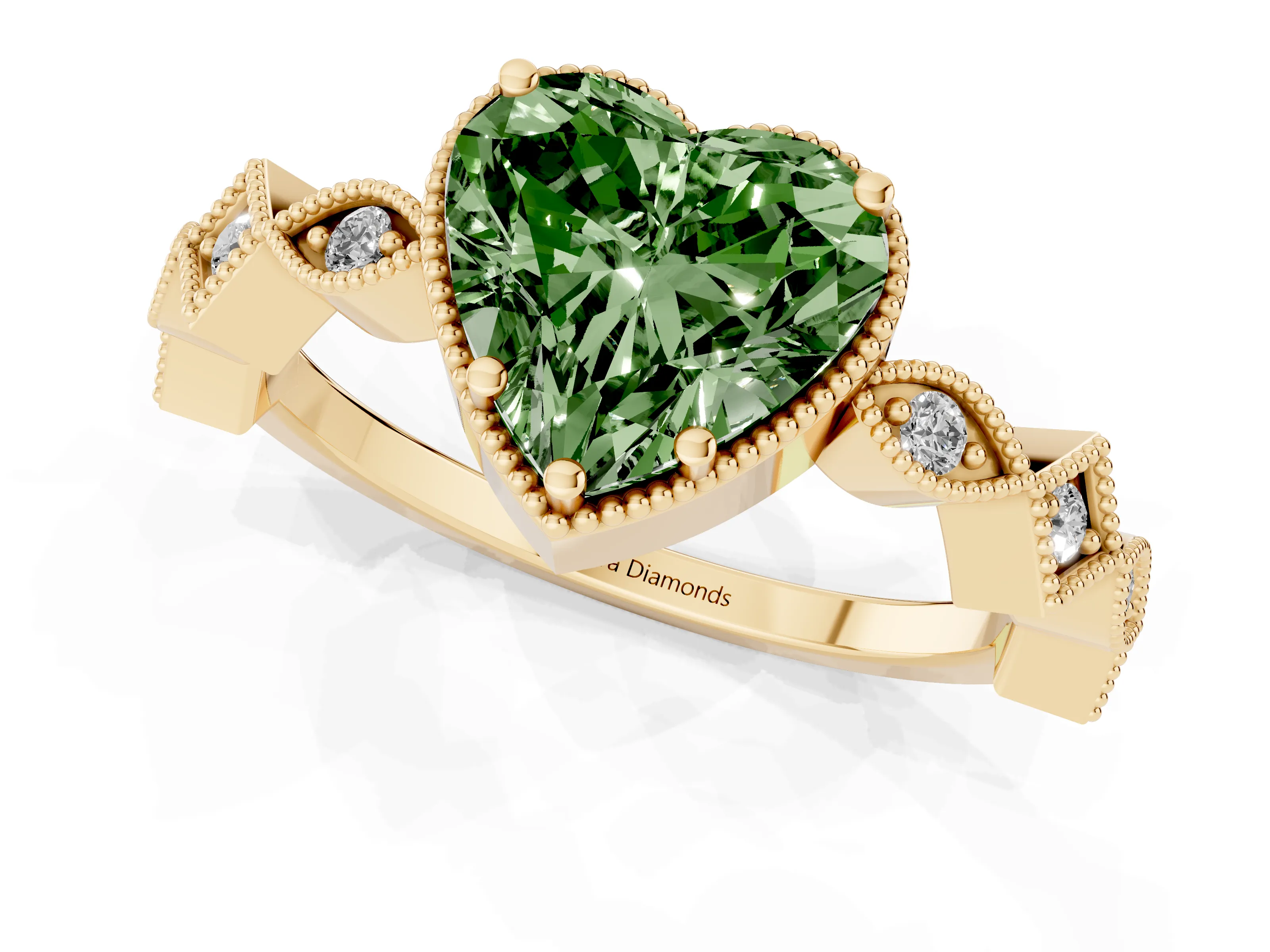 Fancy Green Heart Cut Diamond Milgrain Marquise Twist Band Ring Set in Yellow gold with Prong Setting