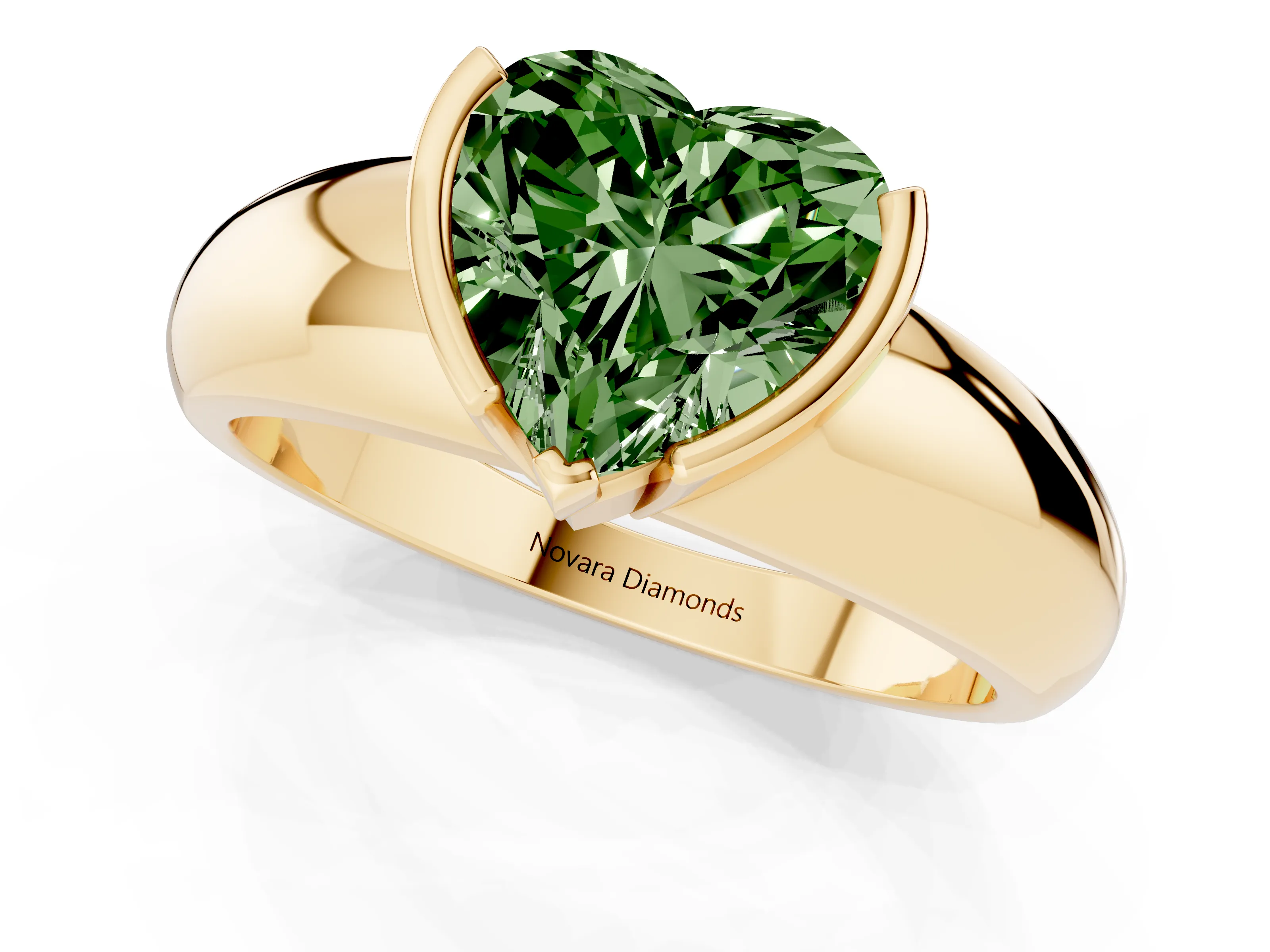 Fancy Green Heart Cut Diamond Solitaire Tension Set Ring Set in Yellow gold with Wide Band