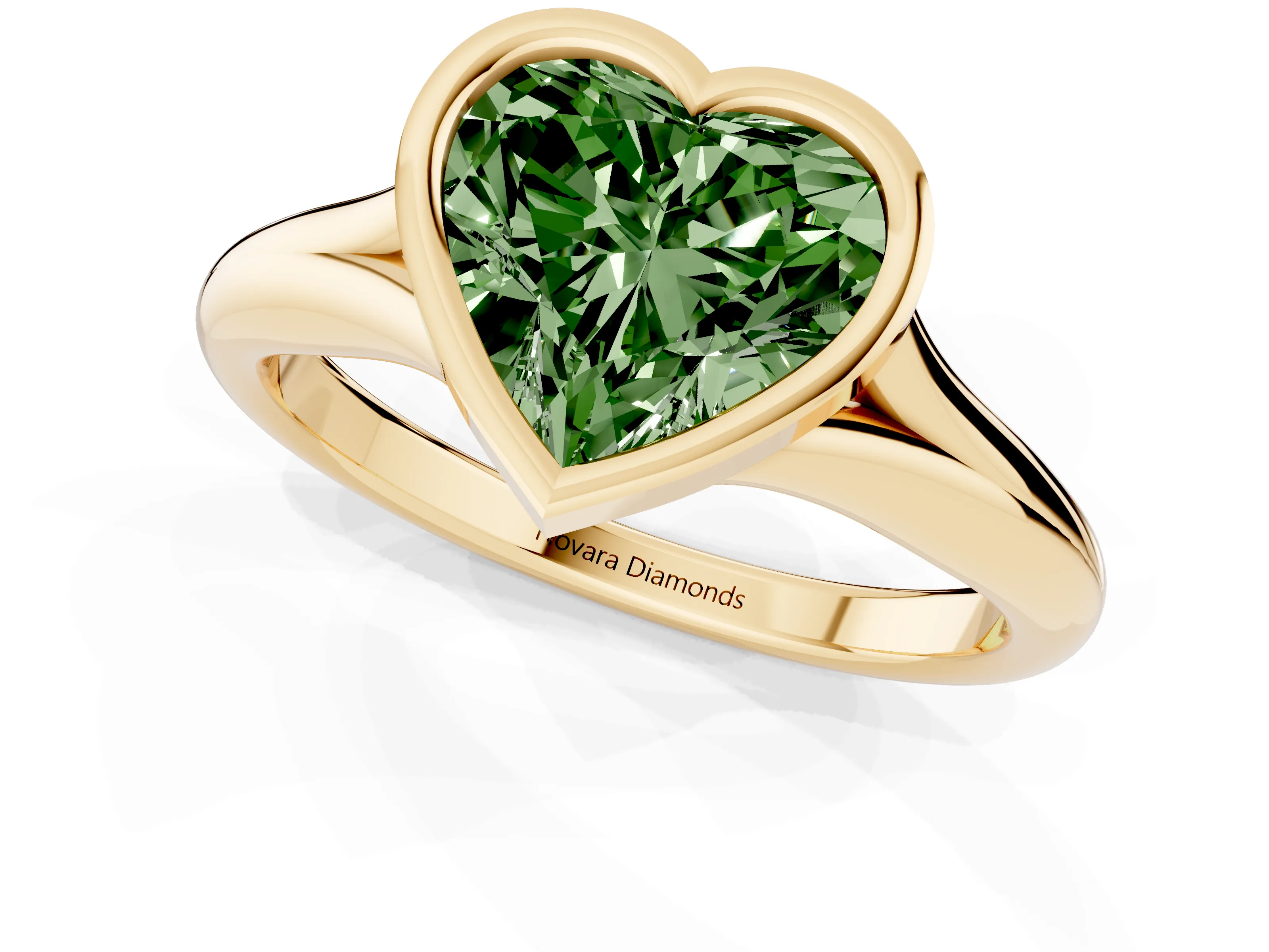 Fancy Green Bezel Set Heart Cut Diamond Solitaire Ring Set in Yellow gold with Smooth Band