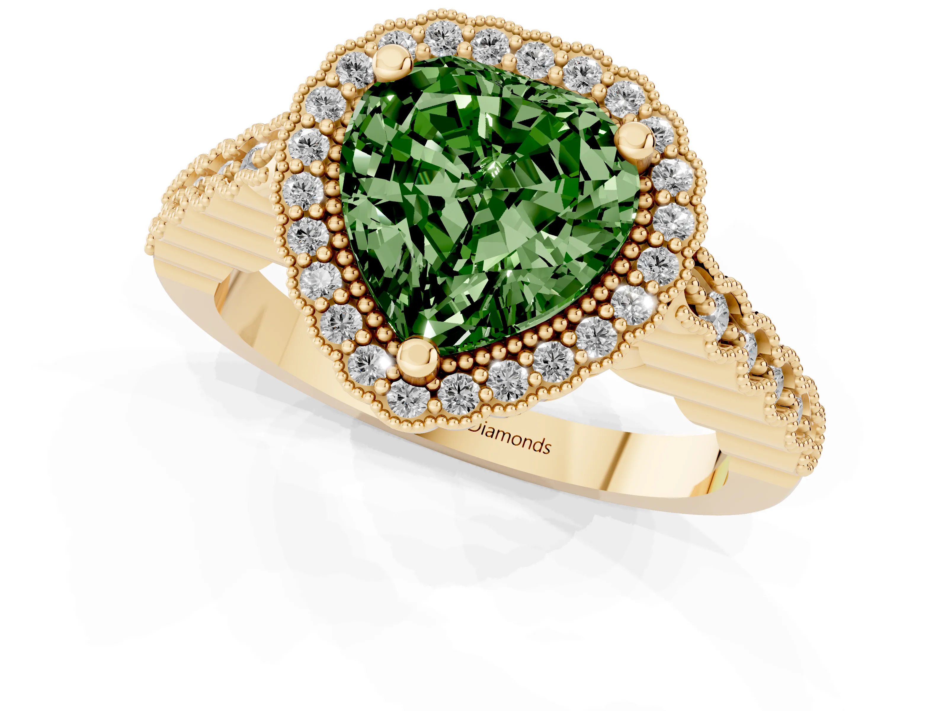 Fancy Green Heart Cut Diamond Halo Ring Set in Yellow gold with Pavé Milgrain Band