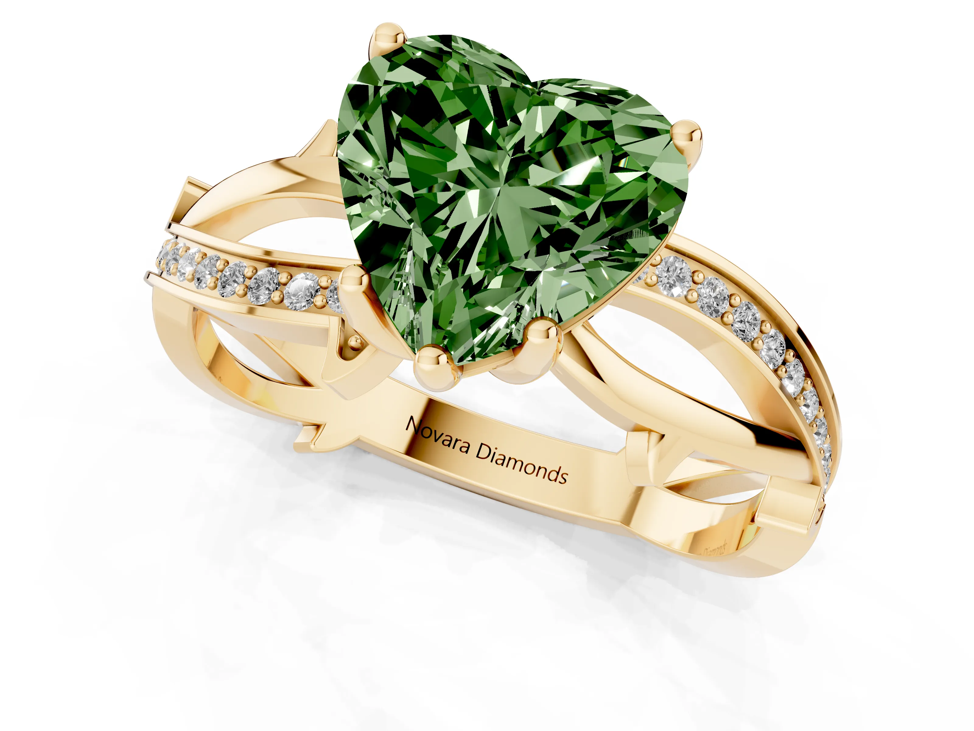 Fancy Green Heart Cut Diamond Pavé Twist Band Solitaire Ring Set in Yellow gold with Prong Setting