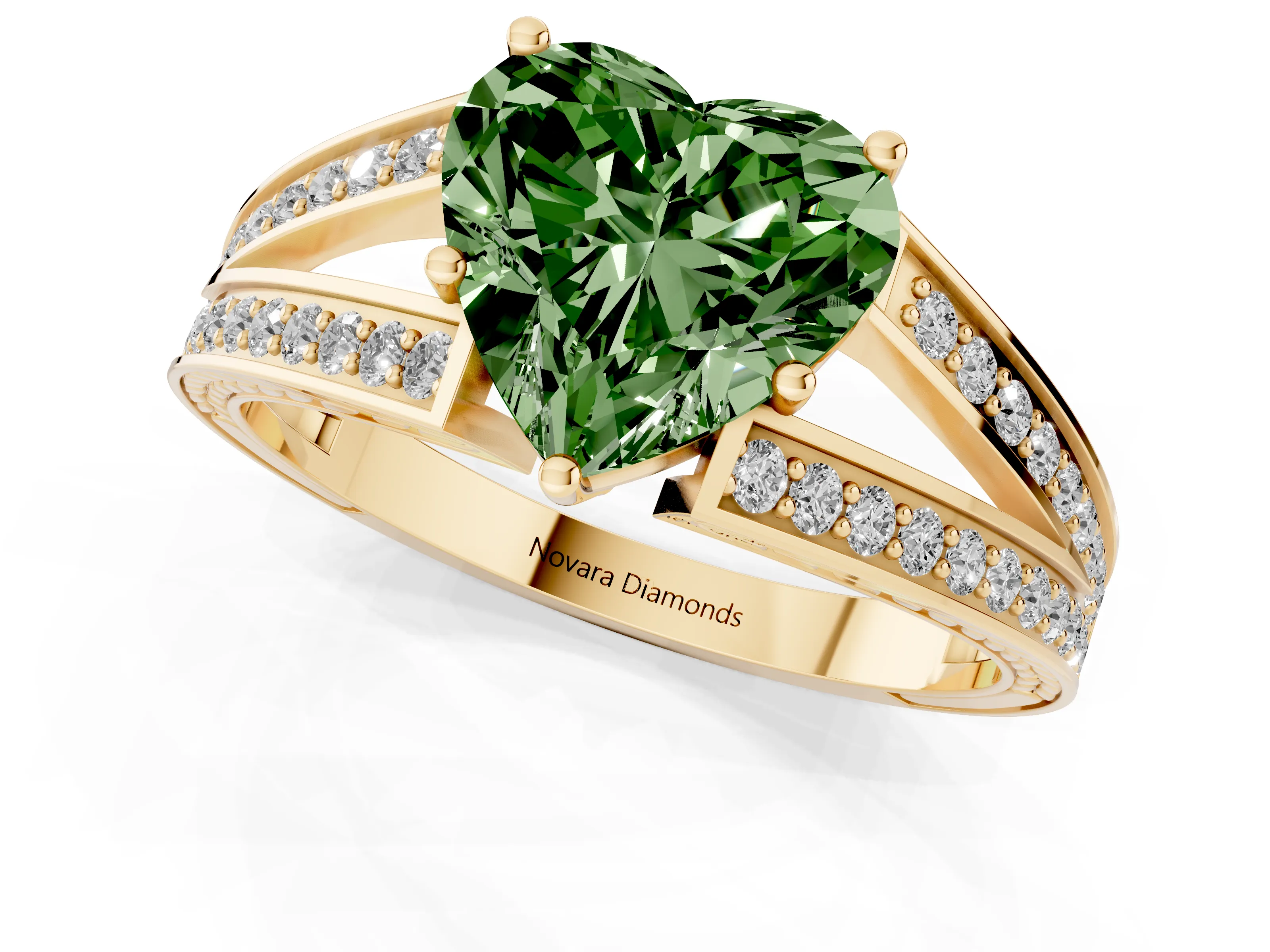 Fancy Green Heart Cut Diamond Split Shank Ring Set in Yellow gold with Pavé Band and Prong Setting
