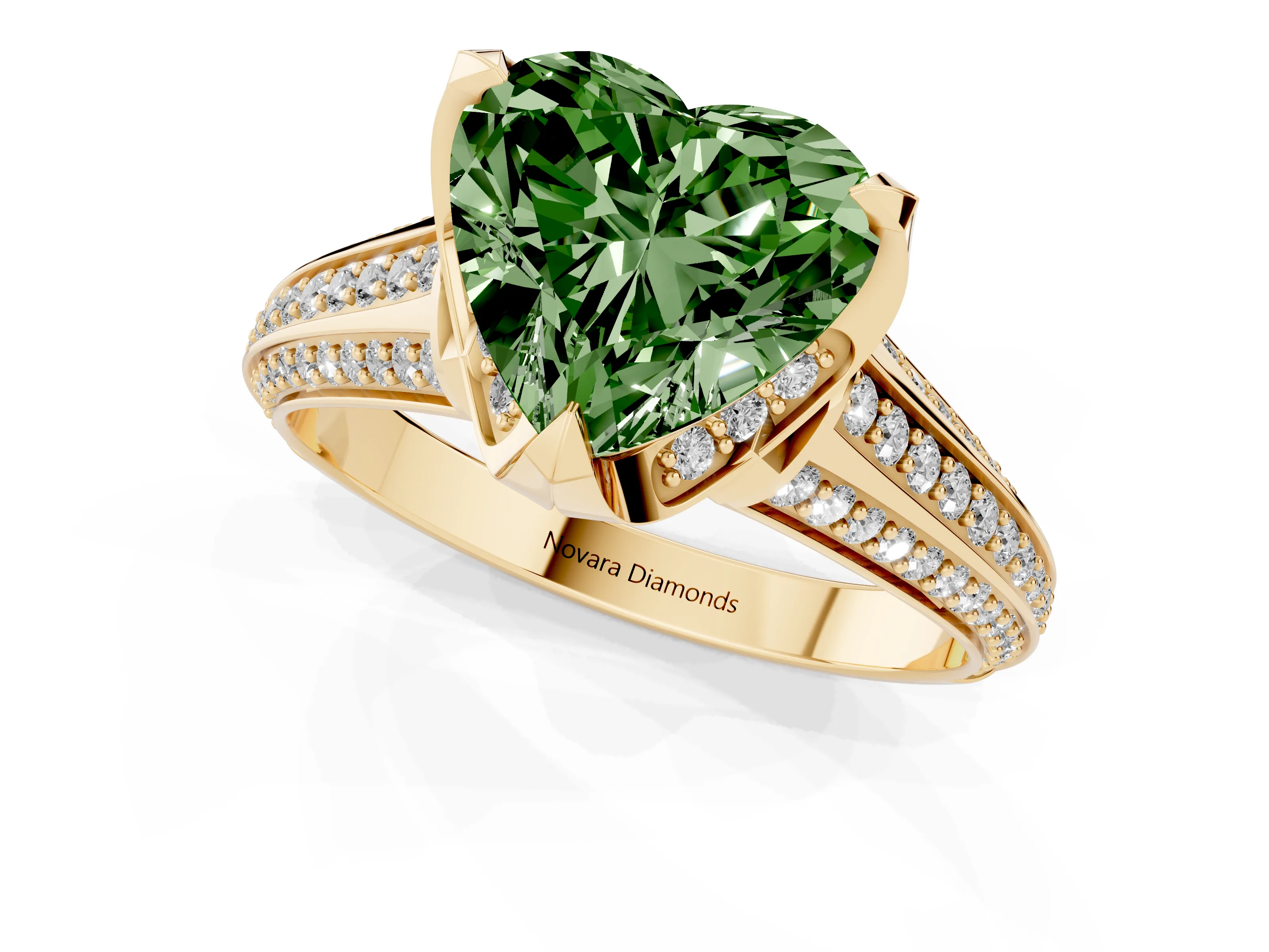 Fancy Green Heart Cut Diamond Pavé Split Shank Solitaire Ring Set in Yellow gold with Prong Setting
