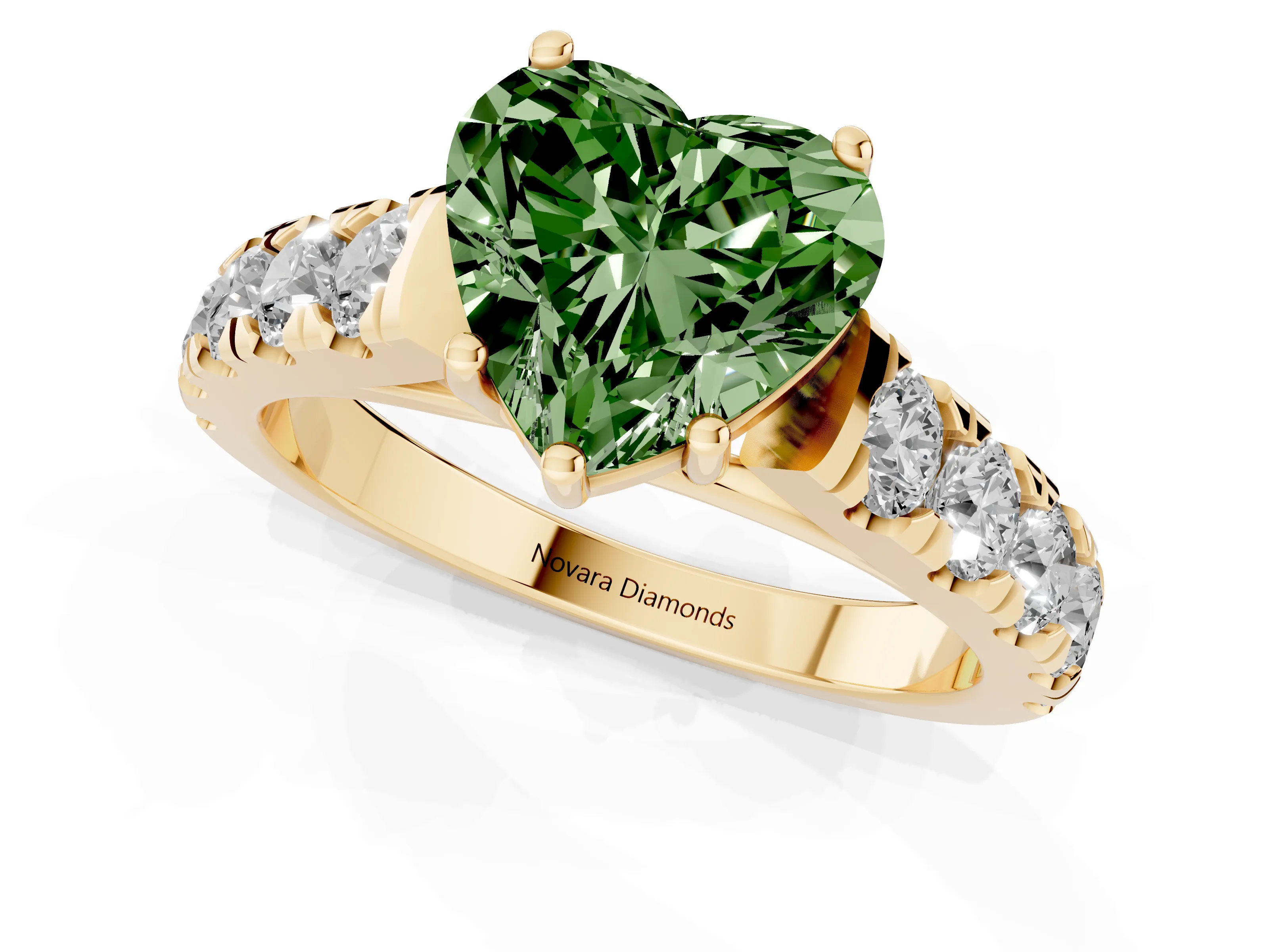Fancy Green Heart Cut Diamond Solitaire Ring Set in Yellow gold with Cut-Down Micro Pavé Band and Prong Setting