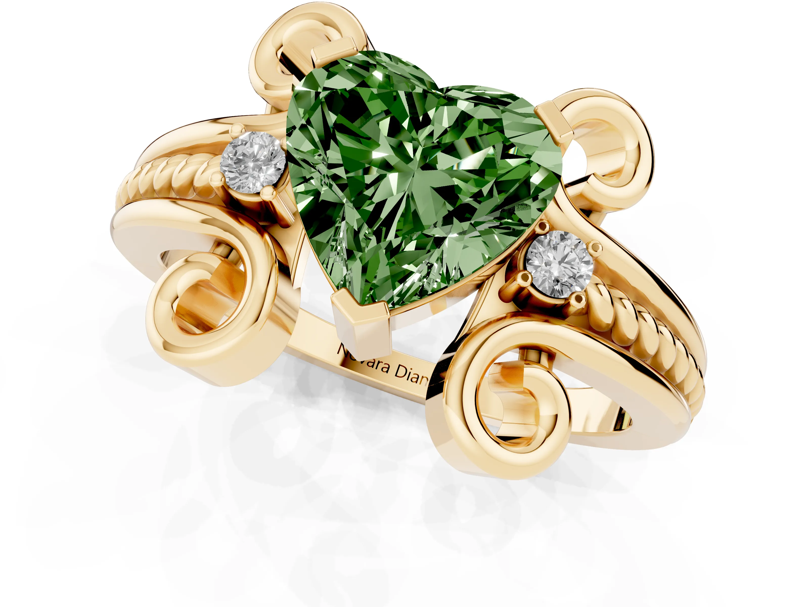 Fancy Green Heart Cut Diamond Twisted Band Solitaire Ring Set in Yellow gold with Scroll Prongs