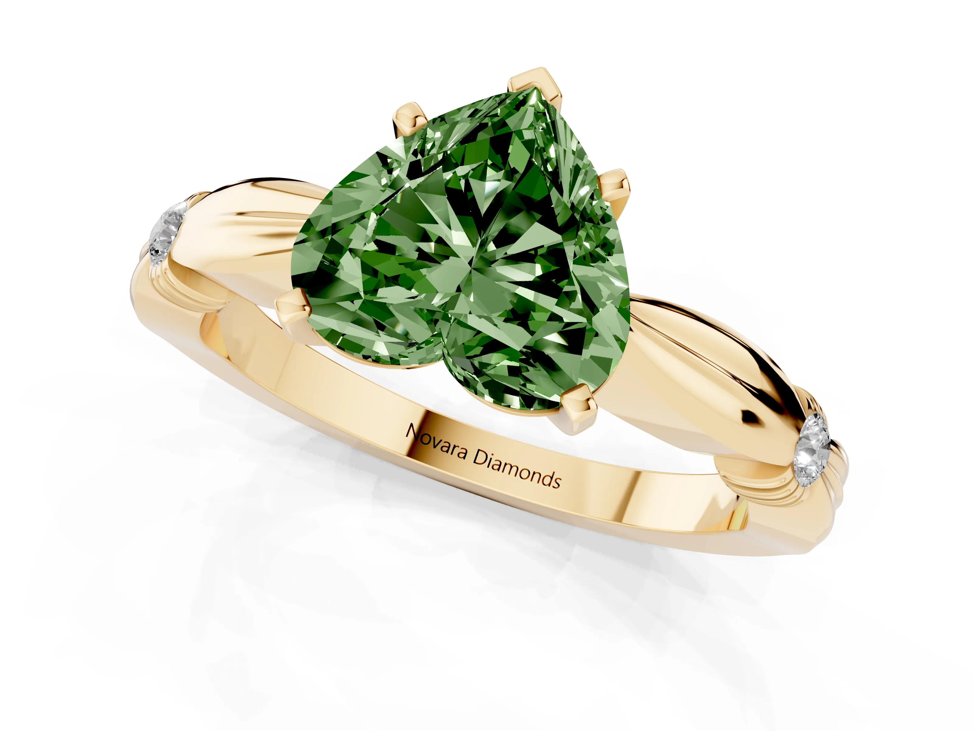 Fancy Green Heart Cut Diamond Solitaire Twisted Band Ring Set in Yellow gold with Accent Stones and Prong Setting