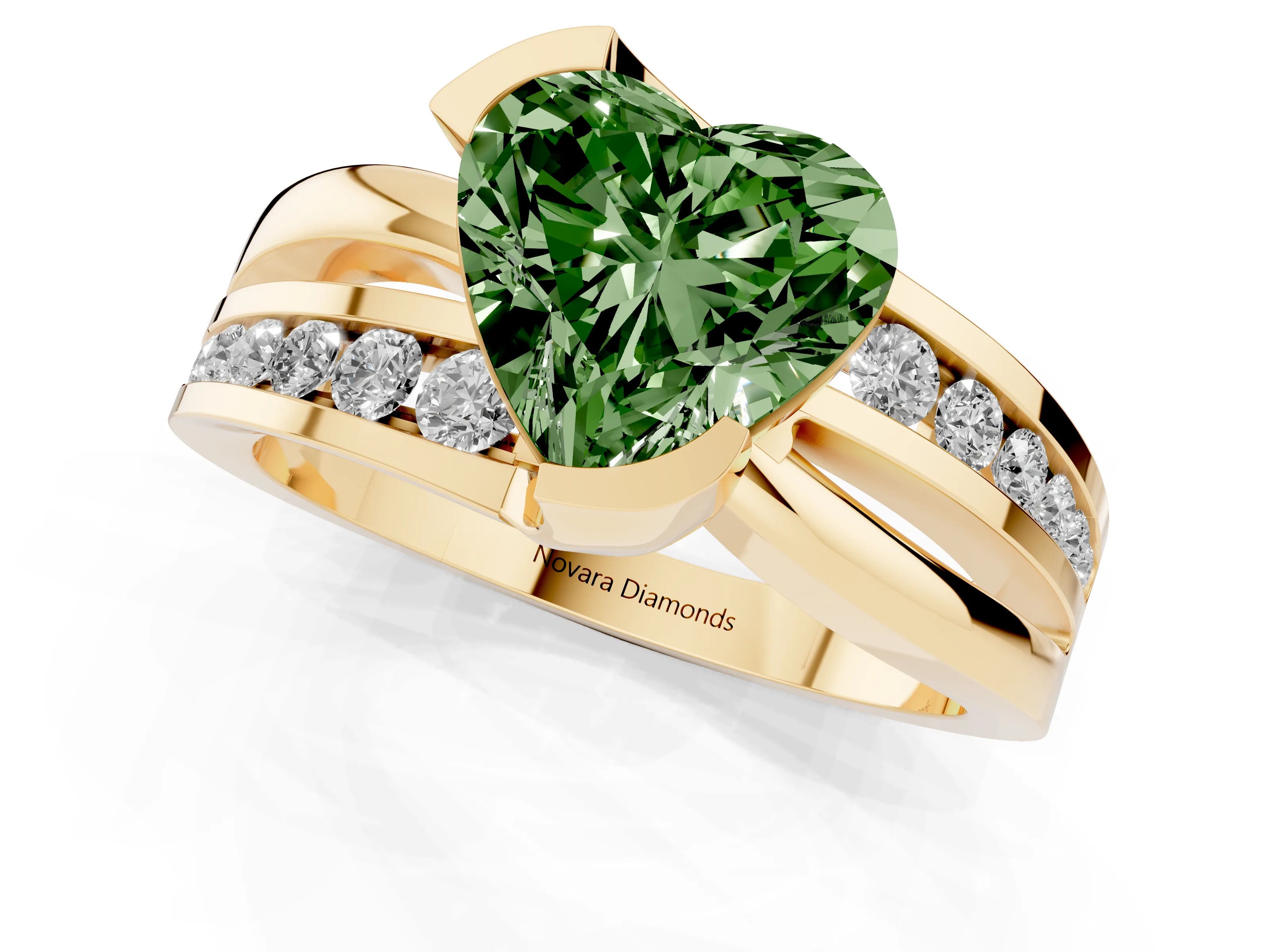 Fancy Green Heart Cut Diamond Solitaire Ring Set in Yellow gold with Channel Set Split Shank and Tension Prongs