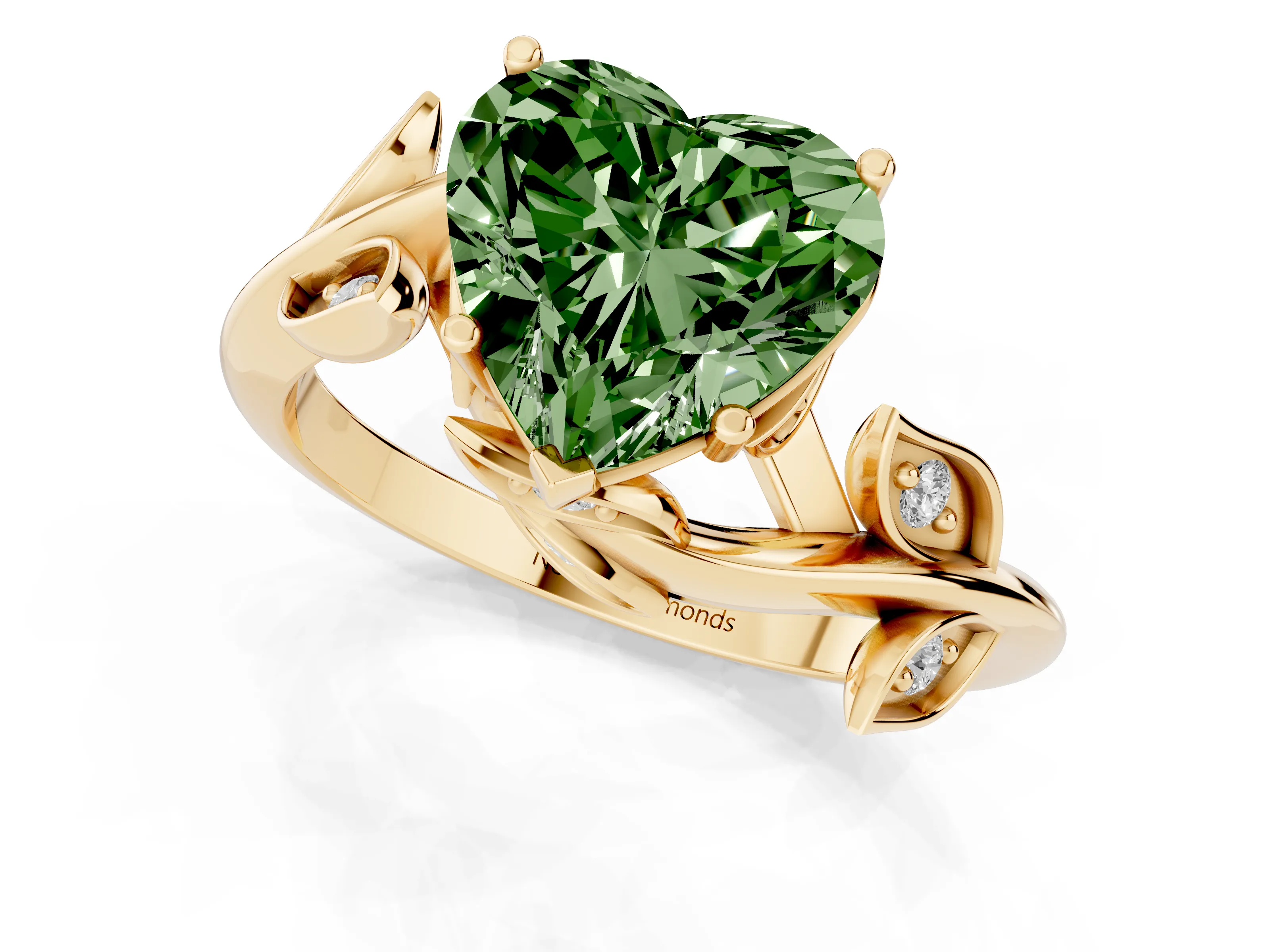 Fancy Green Heart Cut Diamond Solitaire Twist Engagement Ring Set in Yellow gold with Pavé Leaf Accents