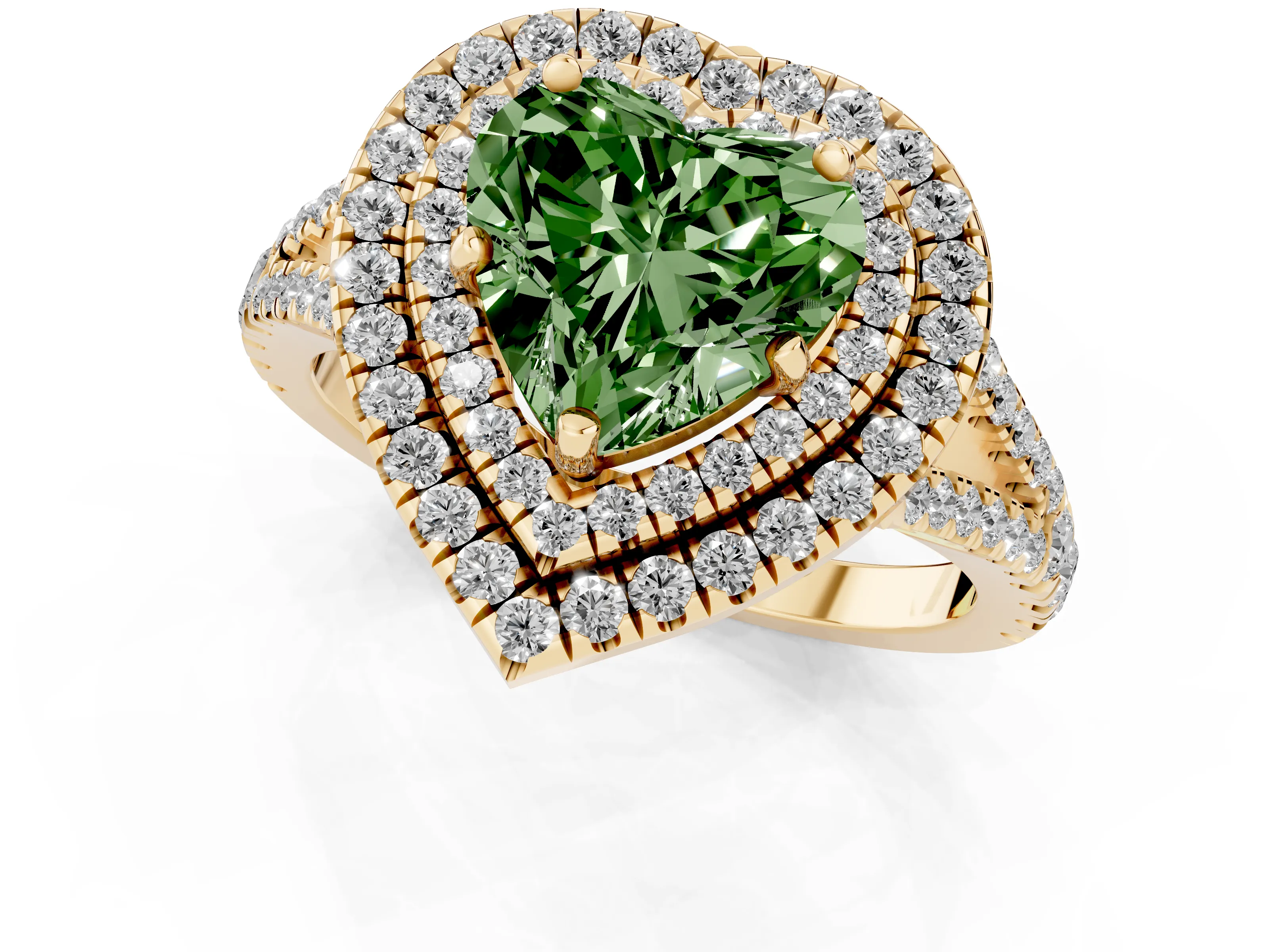 Fancy Green Heart Cut Diamond Double Halo Ring Set in Yellow gold with Pavé Band – second view