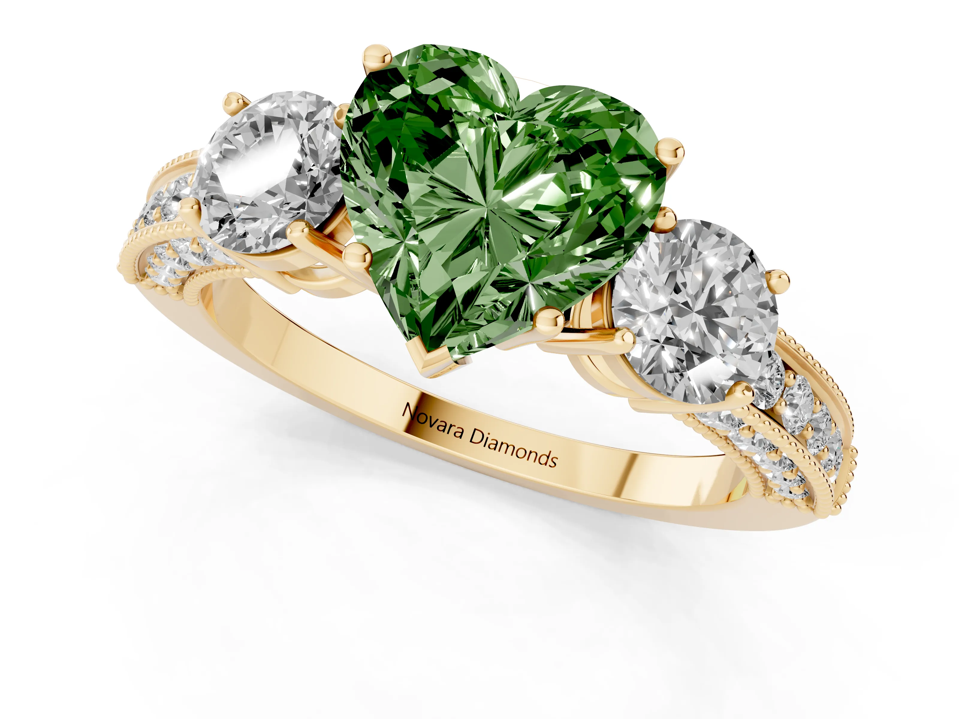 Fancy Green Heart Cut Diamond Three-Stone Ring Set in Yellow gold with Round Side Stones and Pavé Band