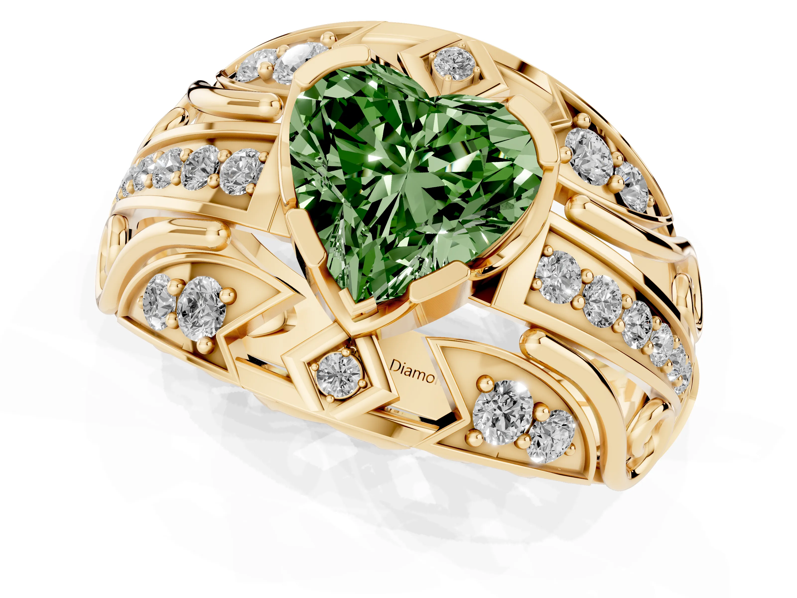 Fancy Green Heart Cut Diamond Art Deco Ring Set in Yellow gold with Pavé Split Shank