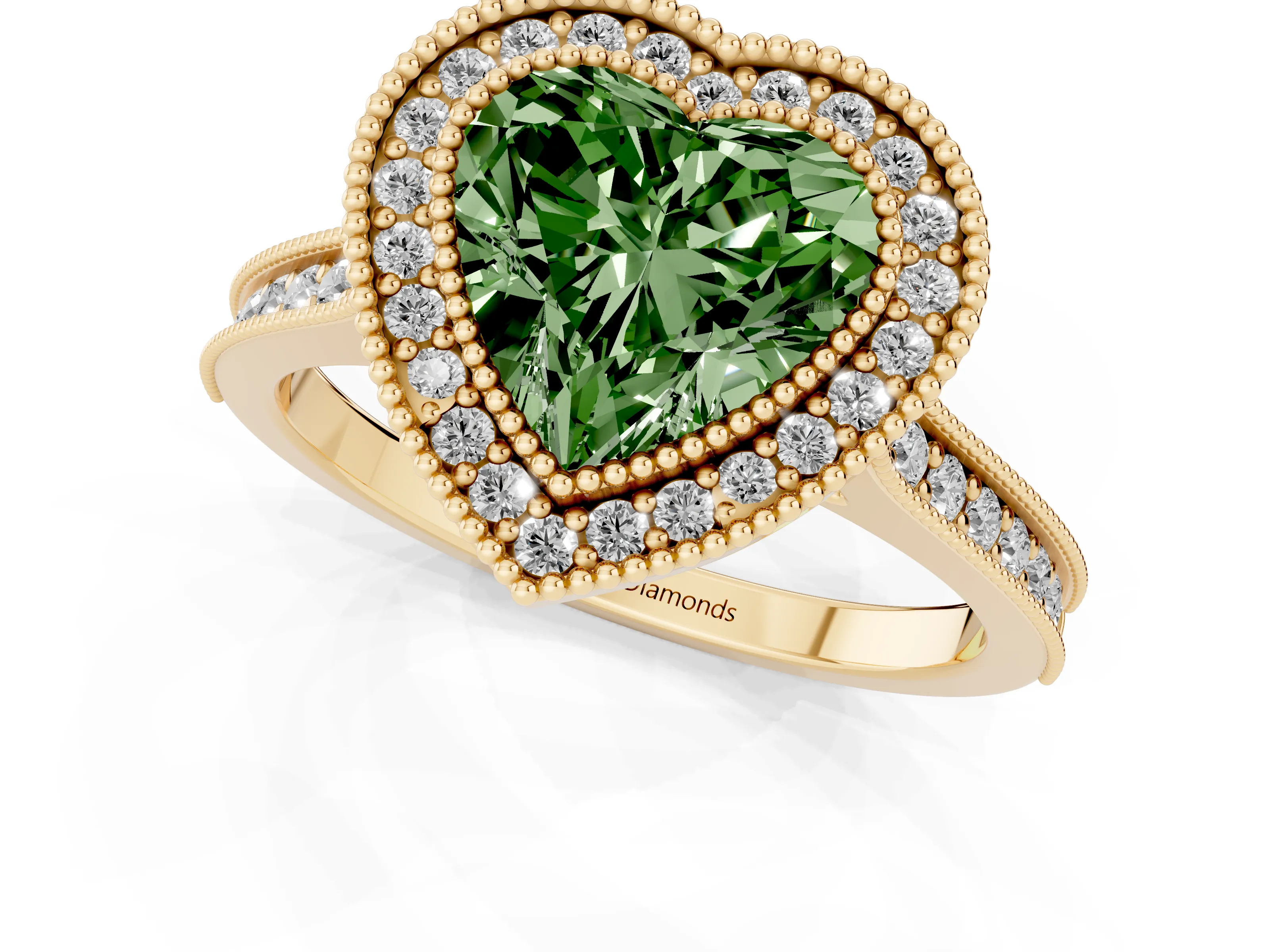 Fancy Green Heart Cut Diamond Halo Milgrain Pavé Band Ring Set in Yellow gold with Prong Setting