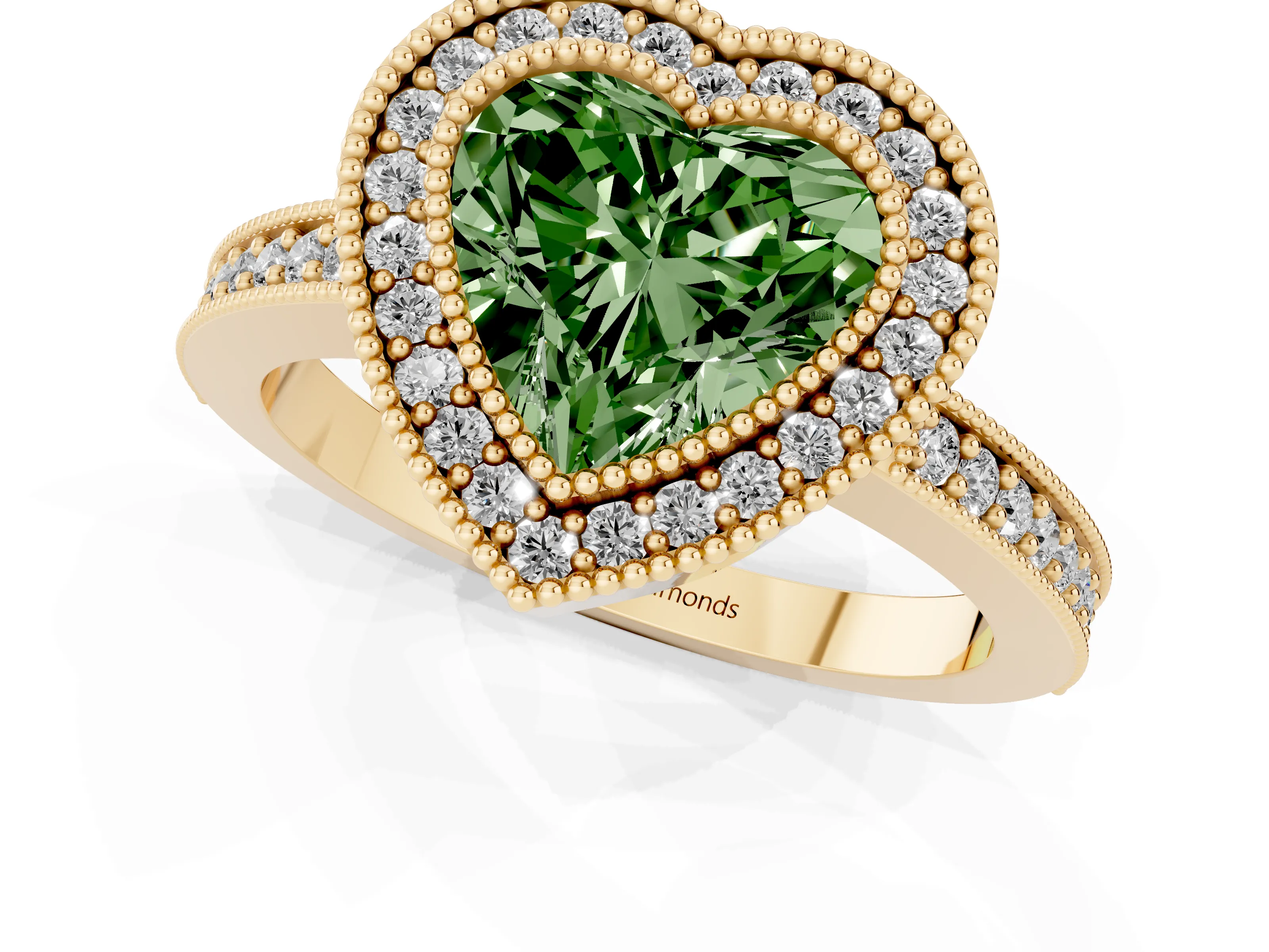 Fancy Green Heart Cut Diamond Halo Engagement Ring Set in Yellow gold with Pavé Band and Round Halo Stones