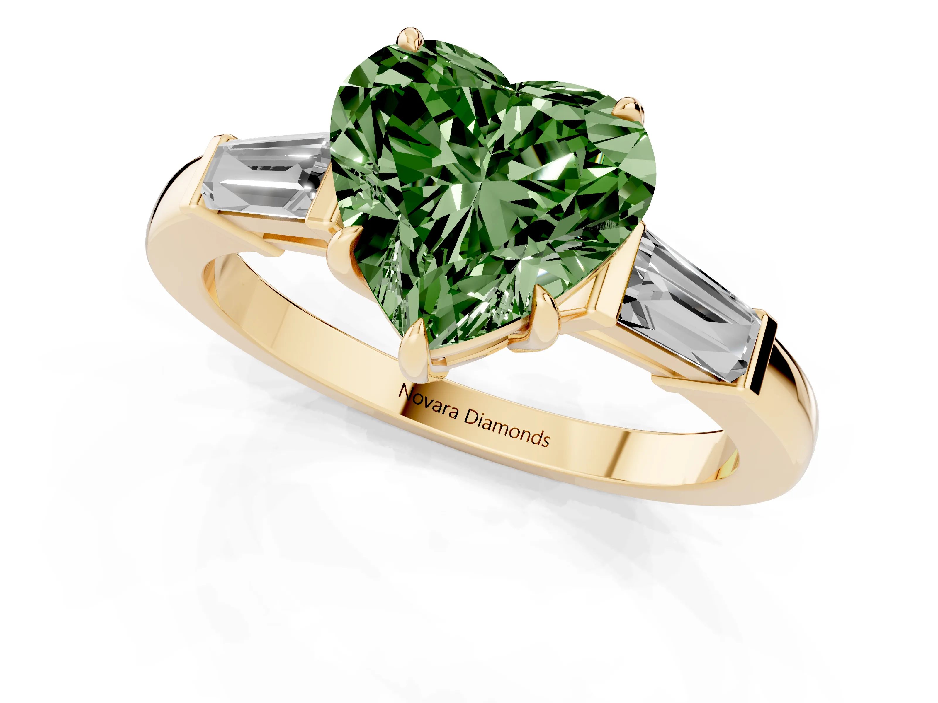 Fancy Green Heart Cut Diamond Three-Stone Ring Set in Yellow gold with Tapered Baguette Side Stones and Prong Setting