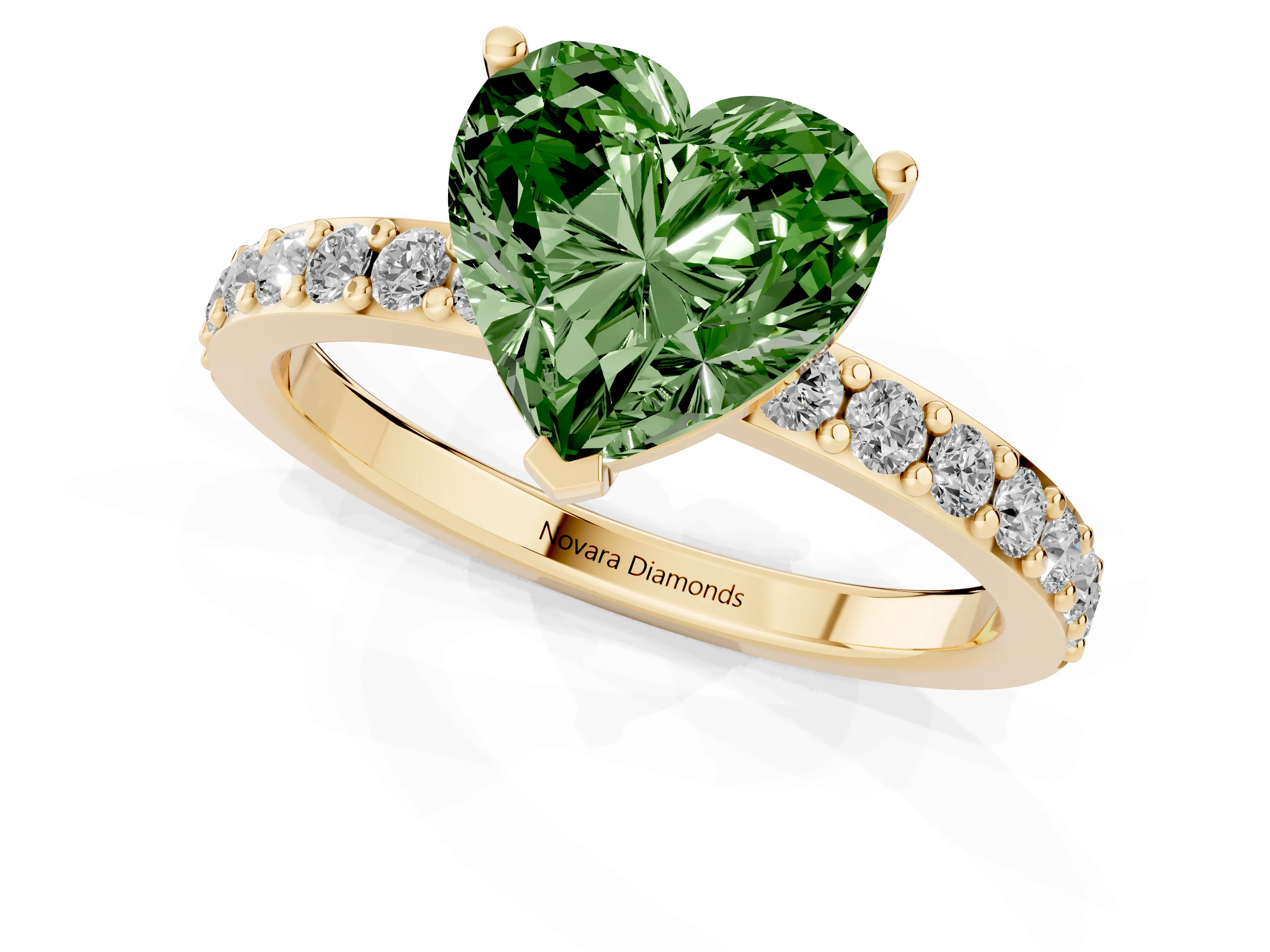 Fancy Green Heart Cut Diamond Solitaire Set in Yellow gold with Round Pavé Band and Prong Setting