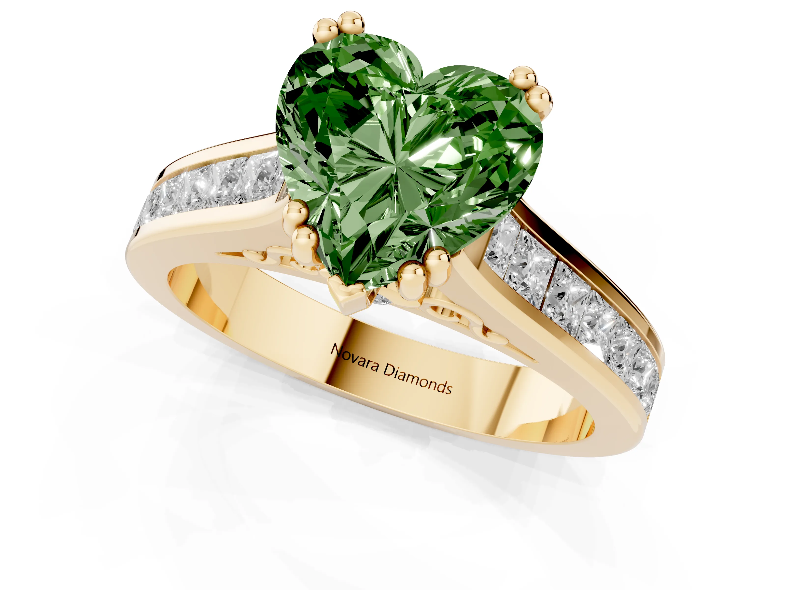 Fancy Green Heart Cut Diamond Channel Set Solitaire Engagement Ring Set in Yellow gold with Prong Setting