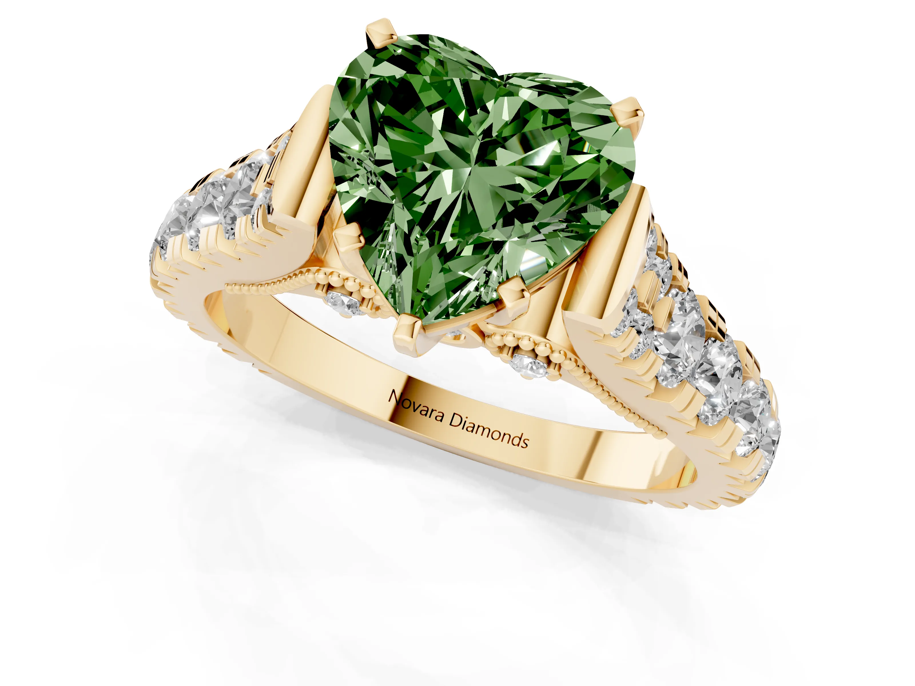 Fancy Green Heart Cut Diamond Classic Solitaire Ring Set in Yellow gold with Pavé Band and Prong Setting