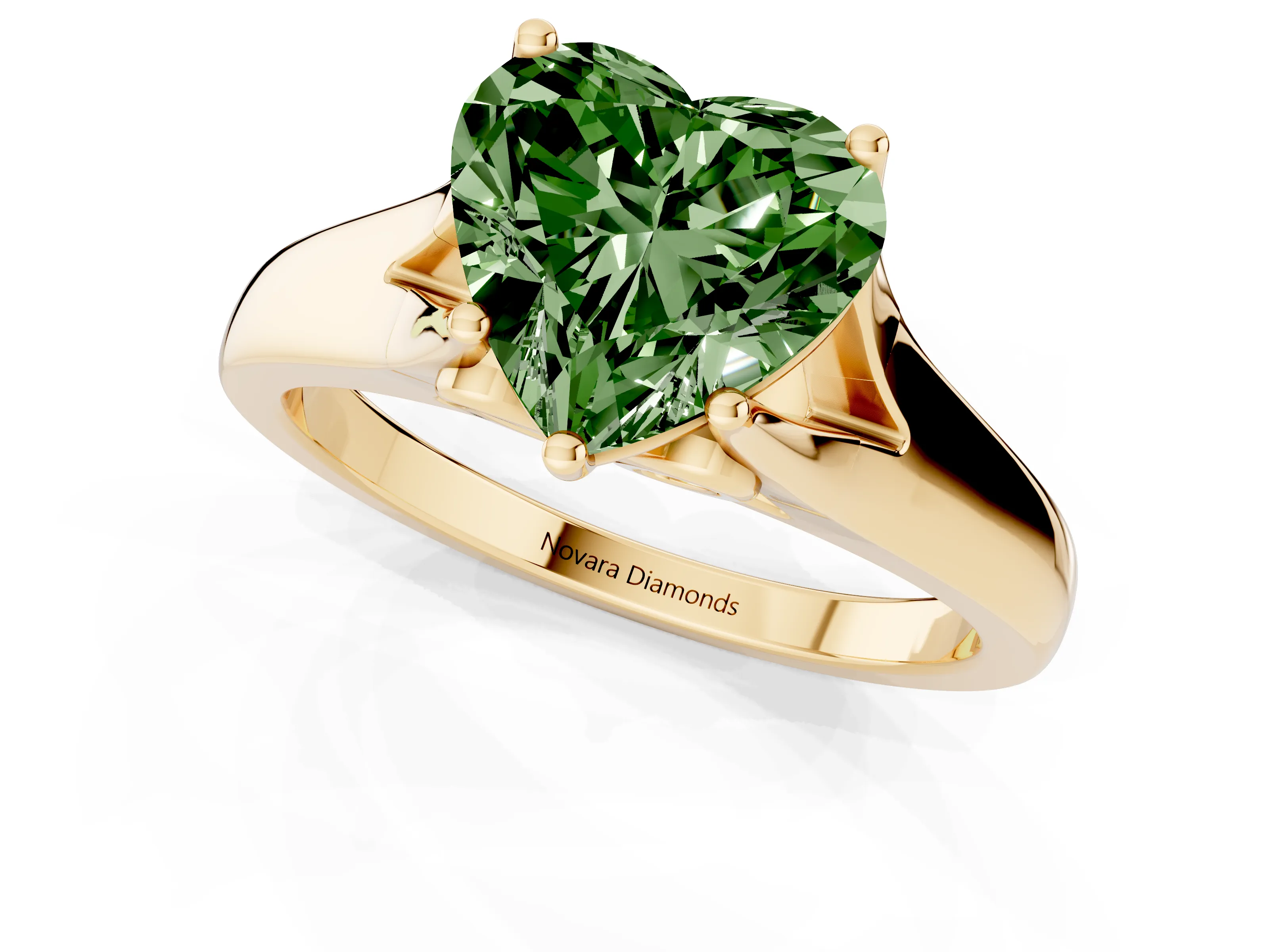 Fancy Green Heart Cut Diamond Solitaire Ring Set in Yellow gold with Arched Cathedral Band and Prong Setting