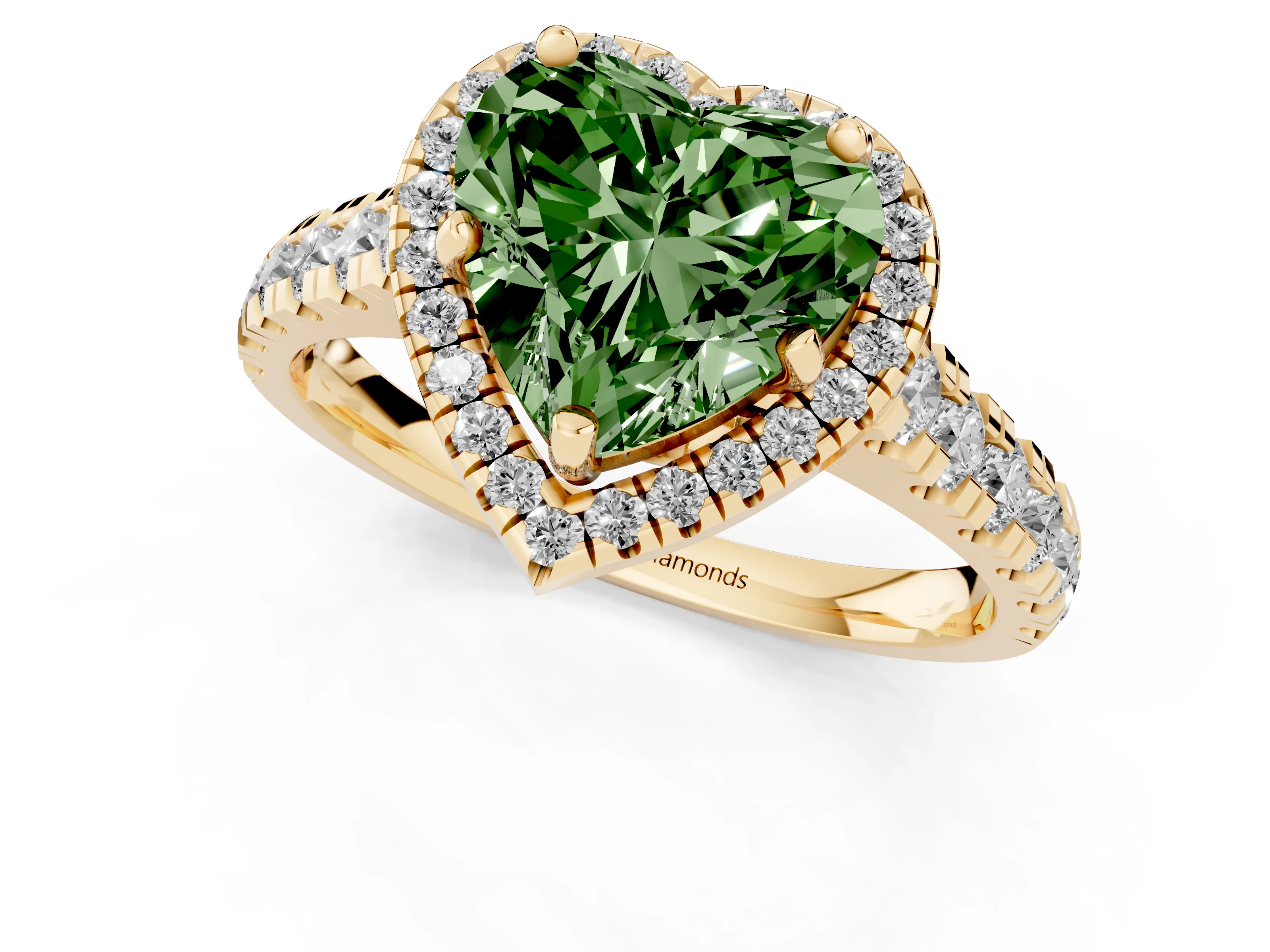 Fancy Green Heart Cut Diamond Halo Engagement Ring Set in Yellow gold with Pavé Band and Prong-Set Center