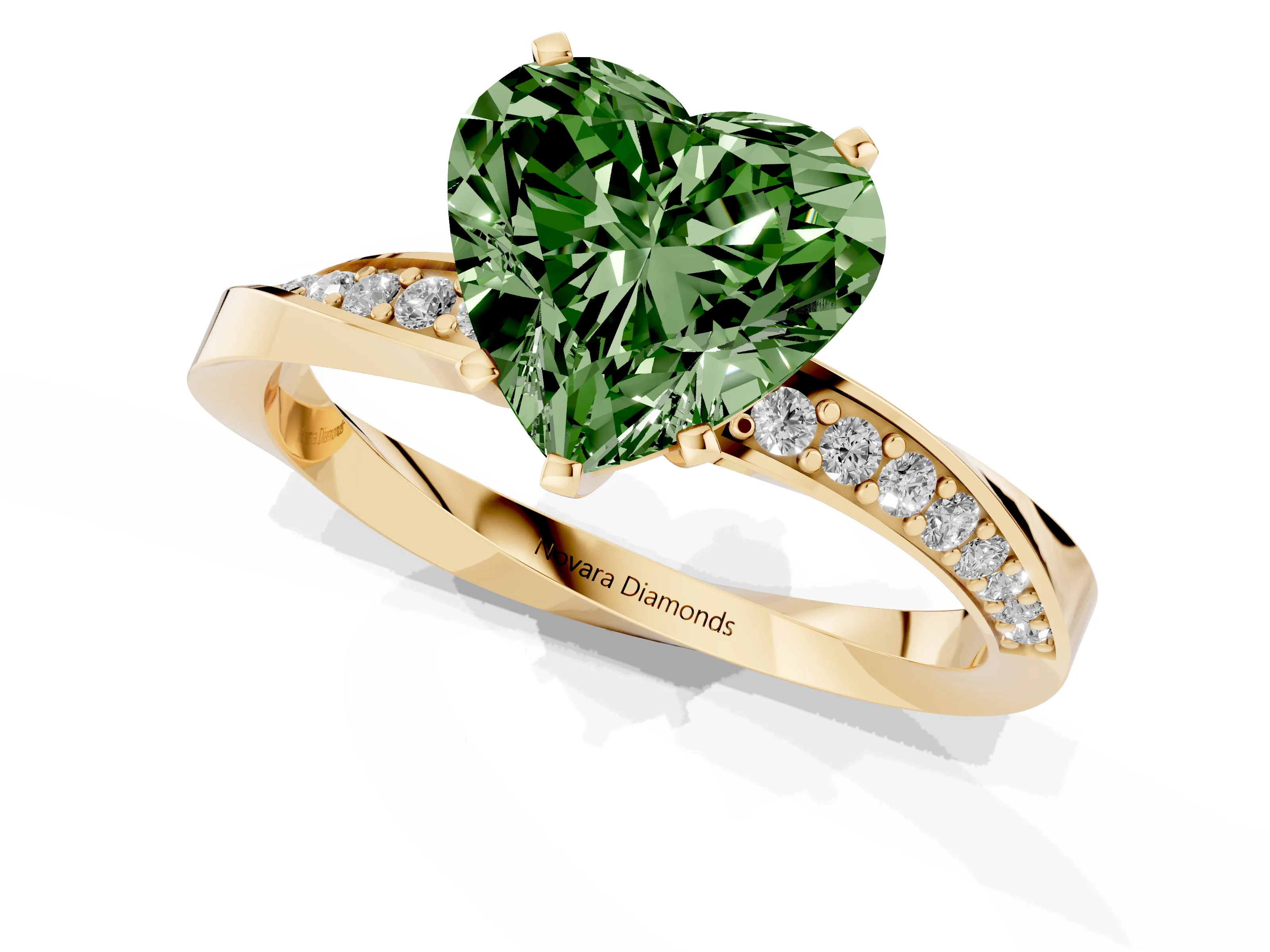 Fancy Green Heart Cut Diamond Engagement Ring Set in Yellow gold with Side Stone Accents and Prong Setting