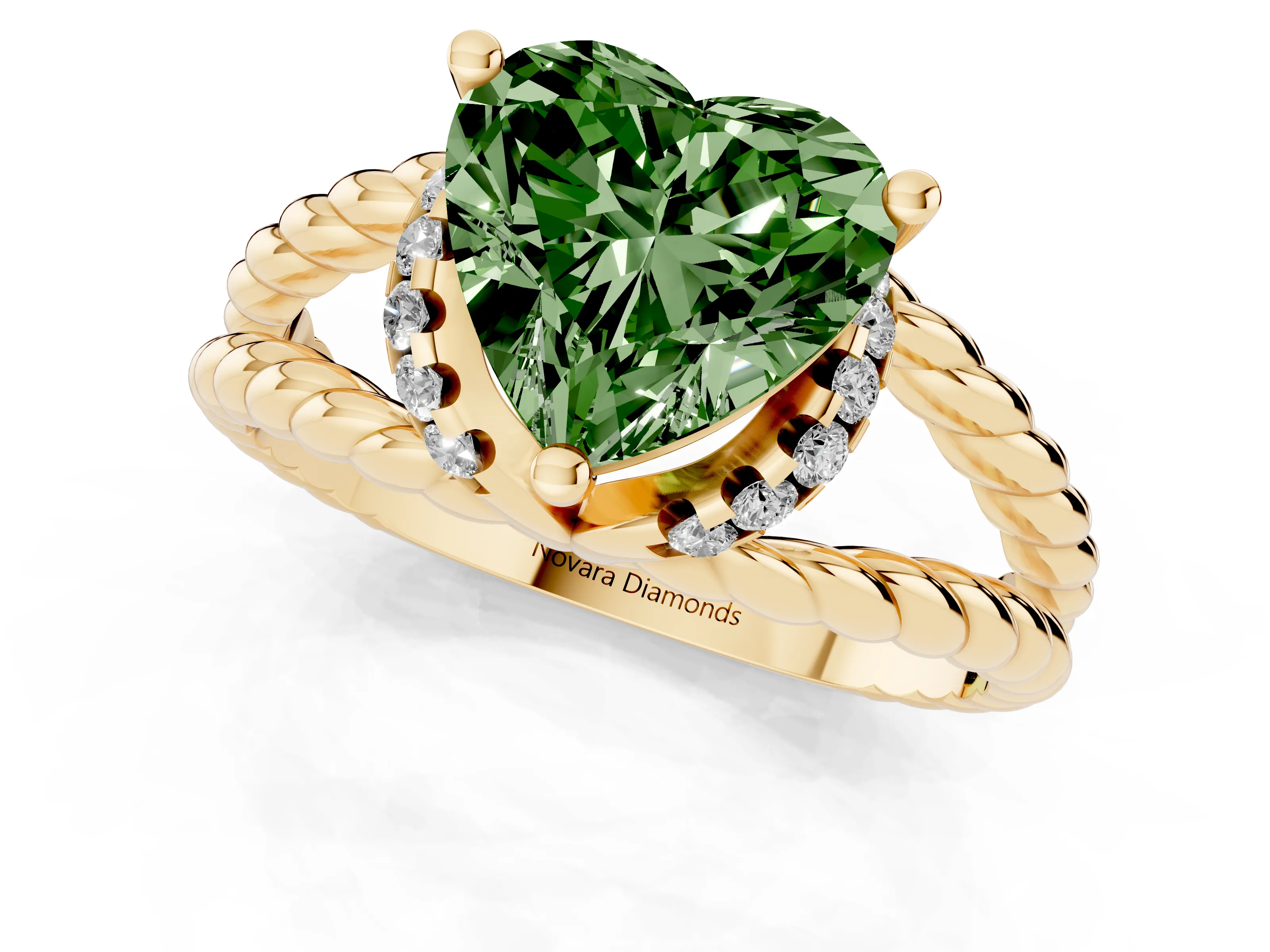 Fancy Green Heart Cut Diamond Halo Ring Set in Yellow gold with Twisted Band and Prong Setting