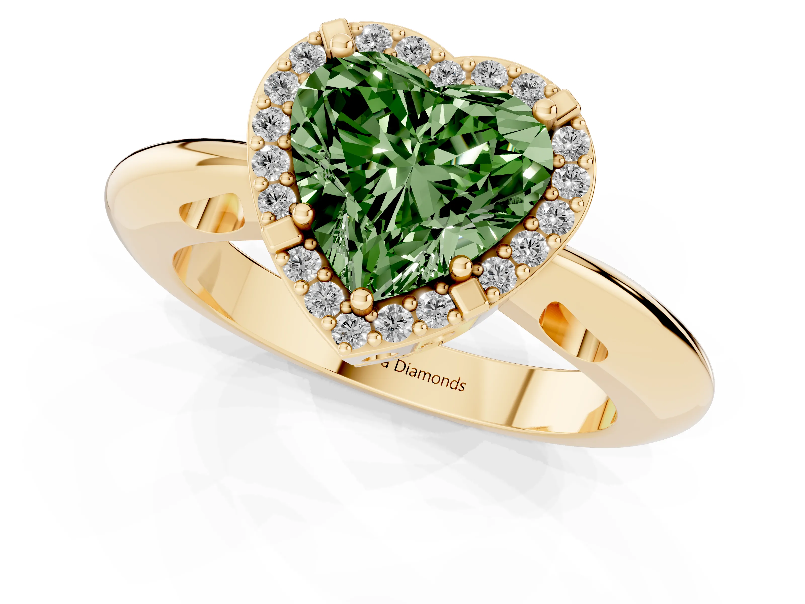 Fancy Green Heart Cut Diamond Halo Engagement Ring Set in Yellow gold with Plain Split Shank and Prong Setting
