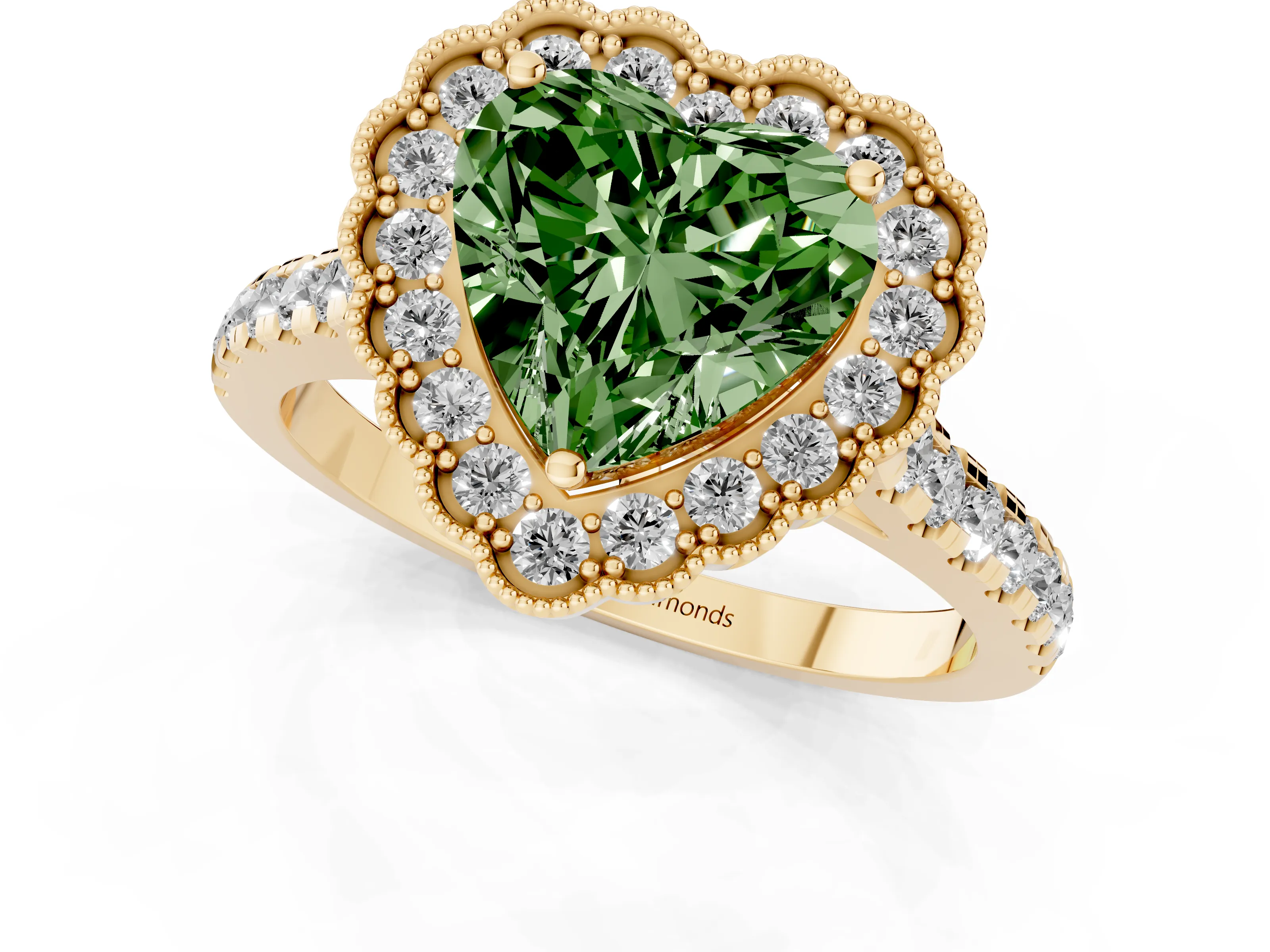 Fancy Green Heart Cut Diamond Milgrain Floral Halo Engagement Ring Set in Yellow gold with Pavé Band