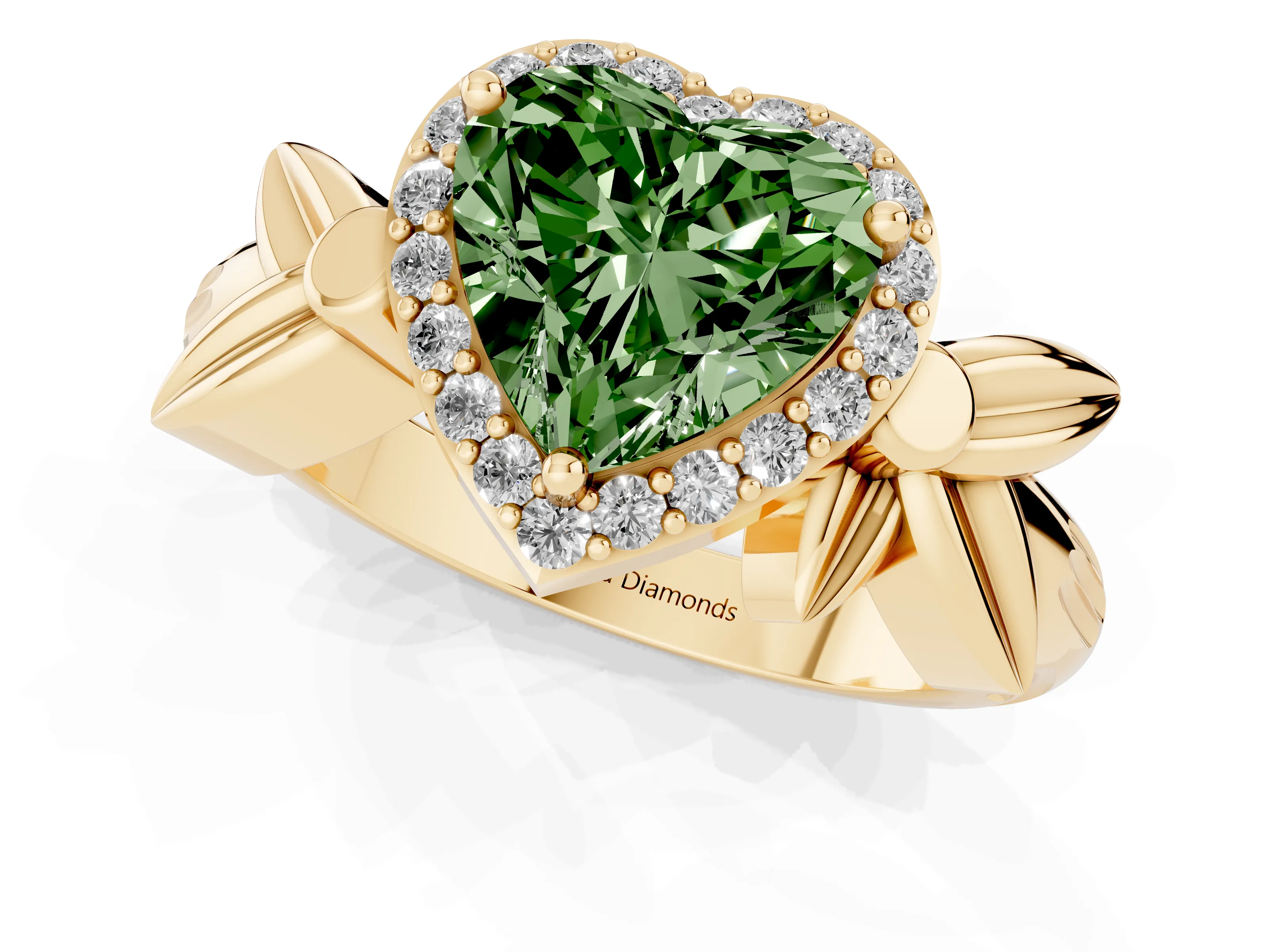 Fancy Green Heart Cut Diamond Halo Floral Band Ring Set in Yellow gold with Prong Setting