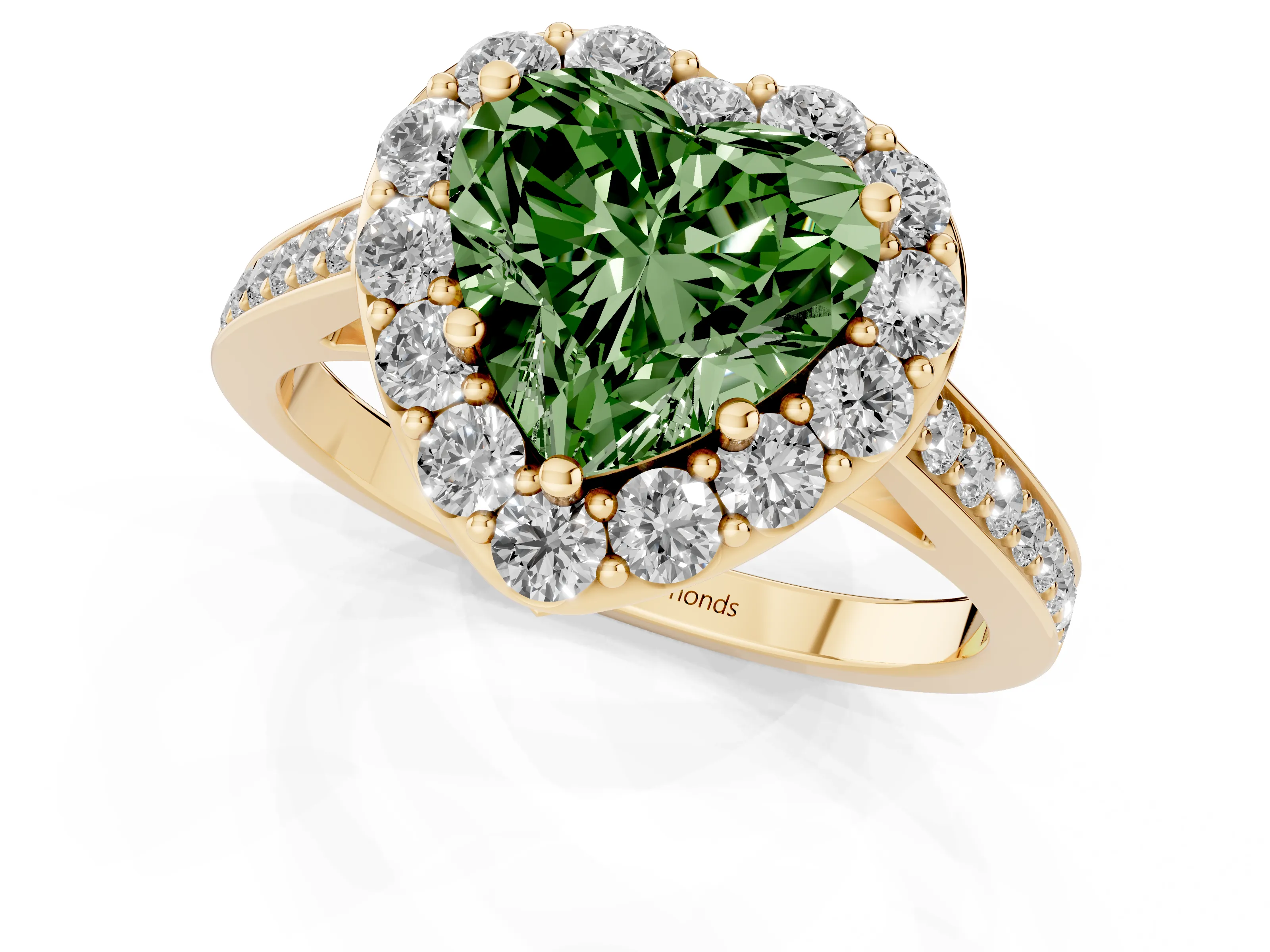Fancy Green Heart Cut Diamond Floral Halo Ring Set in Yellow gold with Pavé Band and Prong Setting
