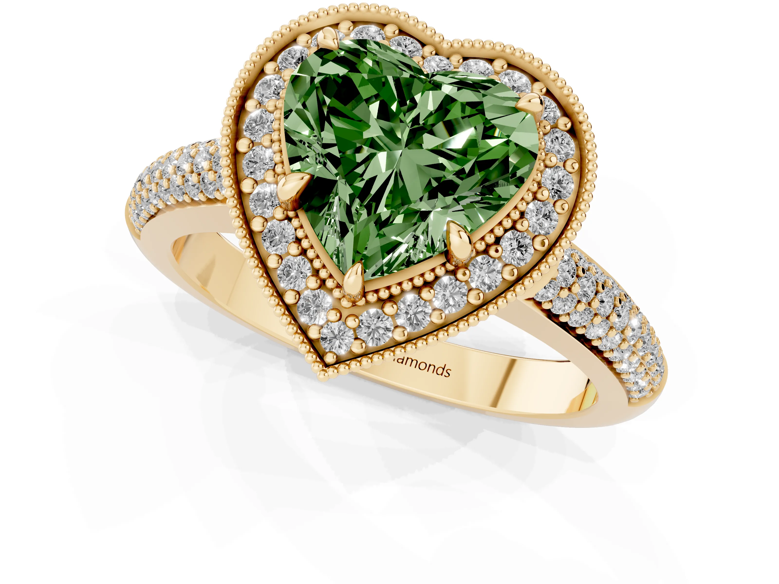 Fancy Green Heart Cut Diamond Halo Pavé Band Set in Yellow gold with Prong Setting