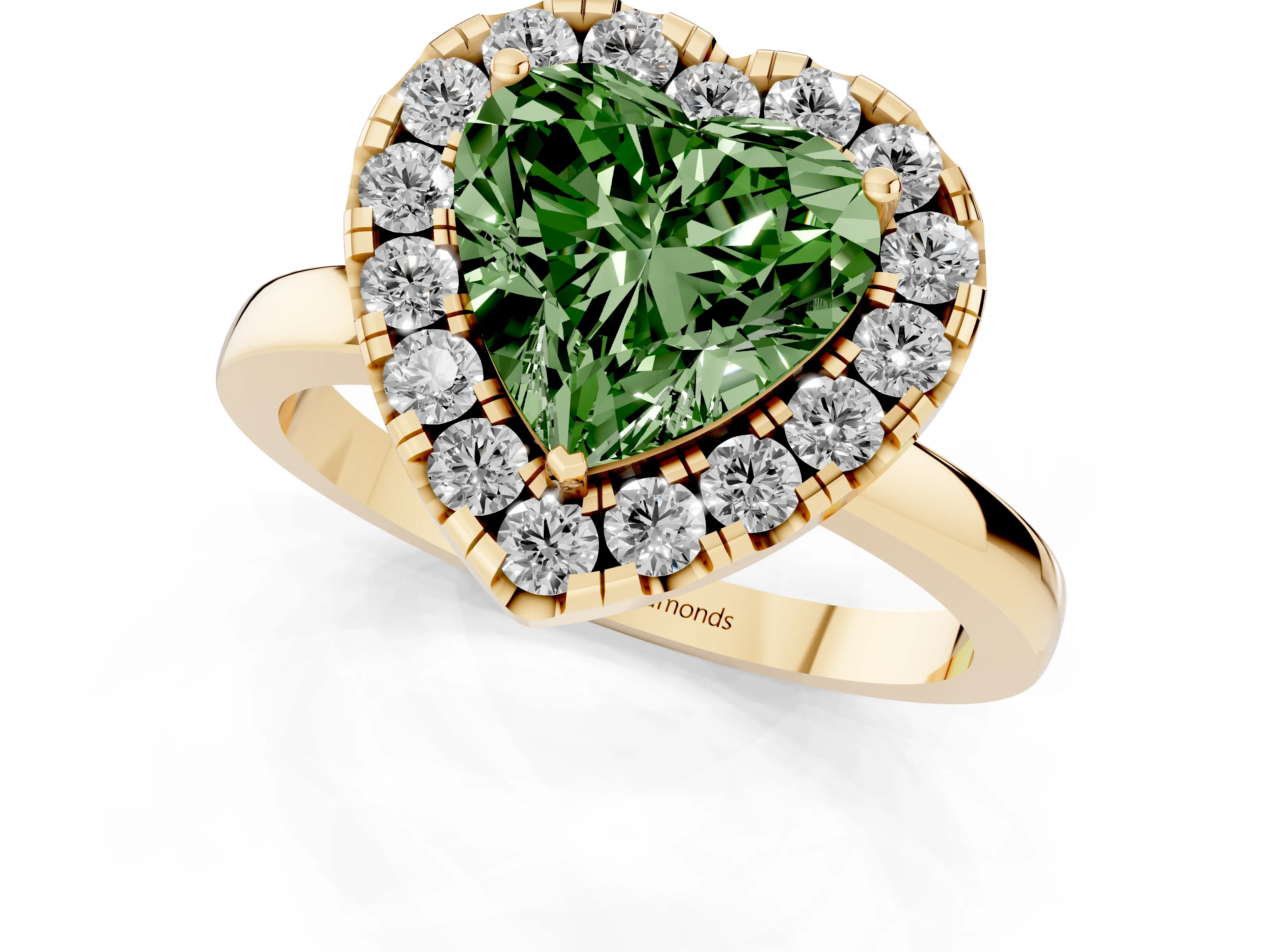 Fancy Green Heart Cut Diamond Halo Solitaire Ring Set in Yellow gold with Pavé Band and Prong Setting