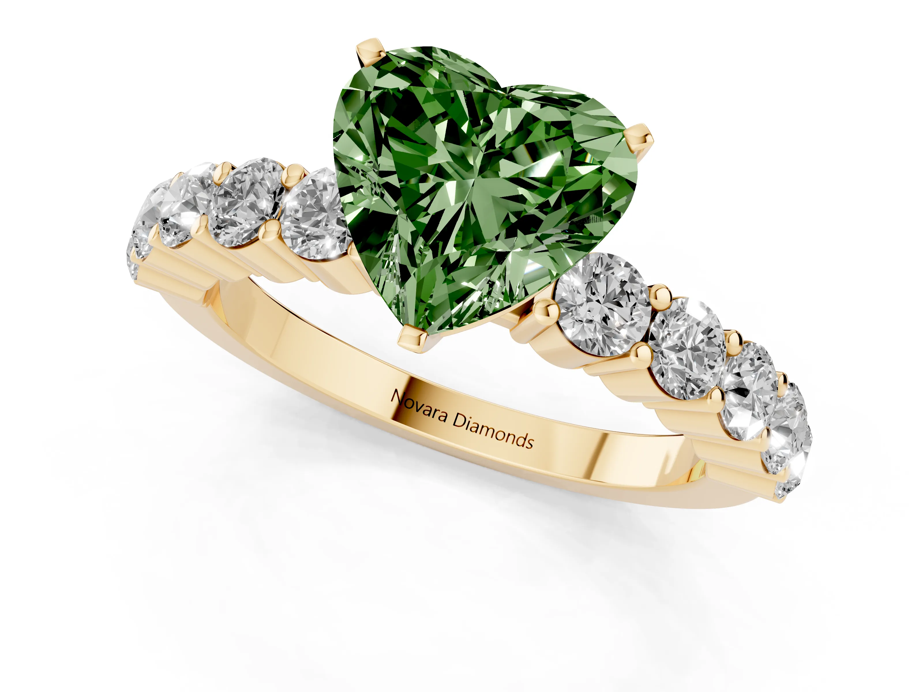 Fancy Green Heart Cut Diamond Solitaire Ring Set in Yellow gold with Shared Prong Round Side Stones