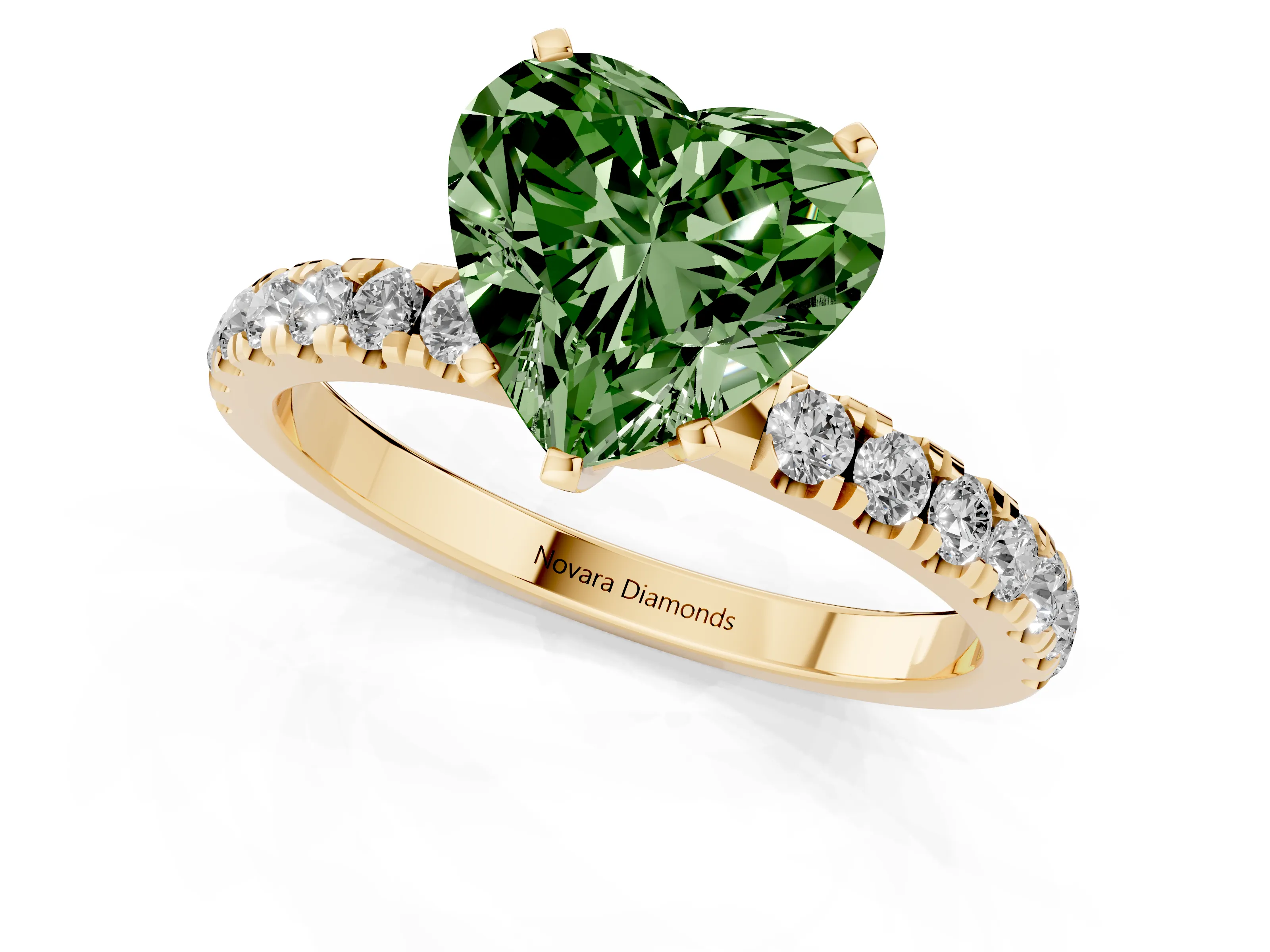 Fancy Green Heart Cut Diamond Solitaire Ring Set in Yellow gold with Pavé Accents and Prong Setting