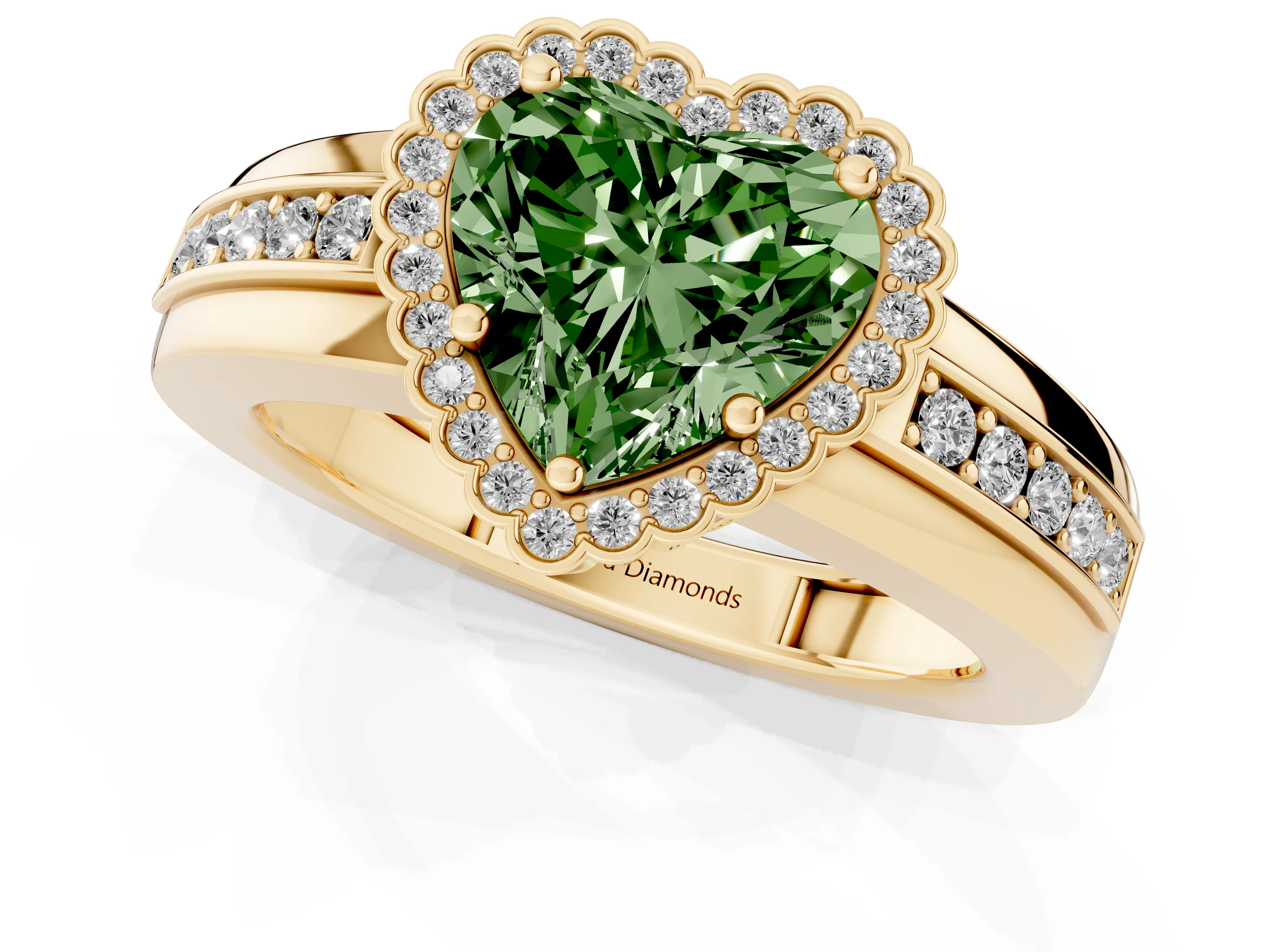 Fancy Green Heart Cut Diamond Halo Prong Ring Set in Yellow gold with Pavé Band
