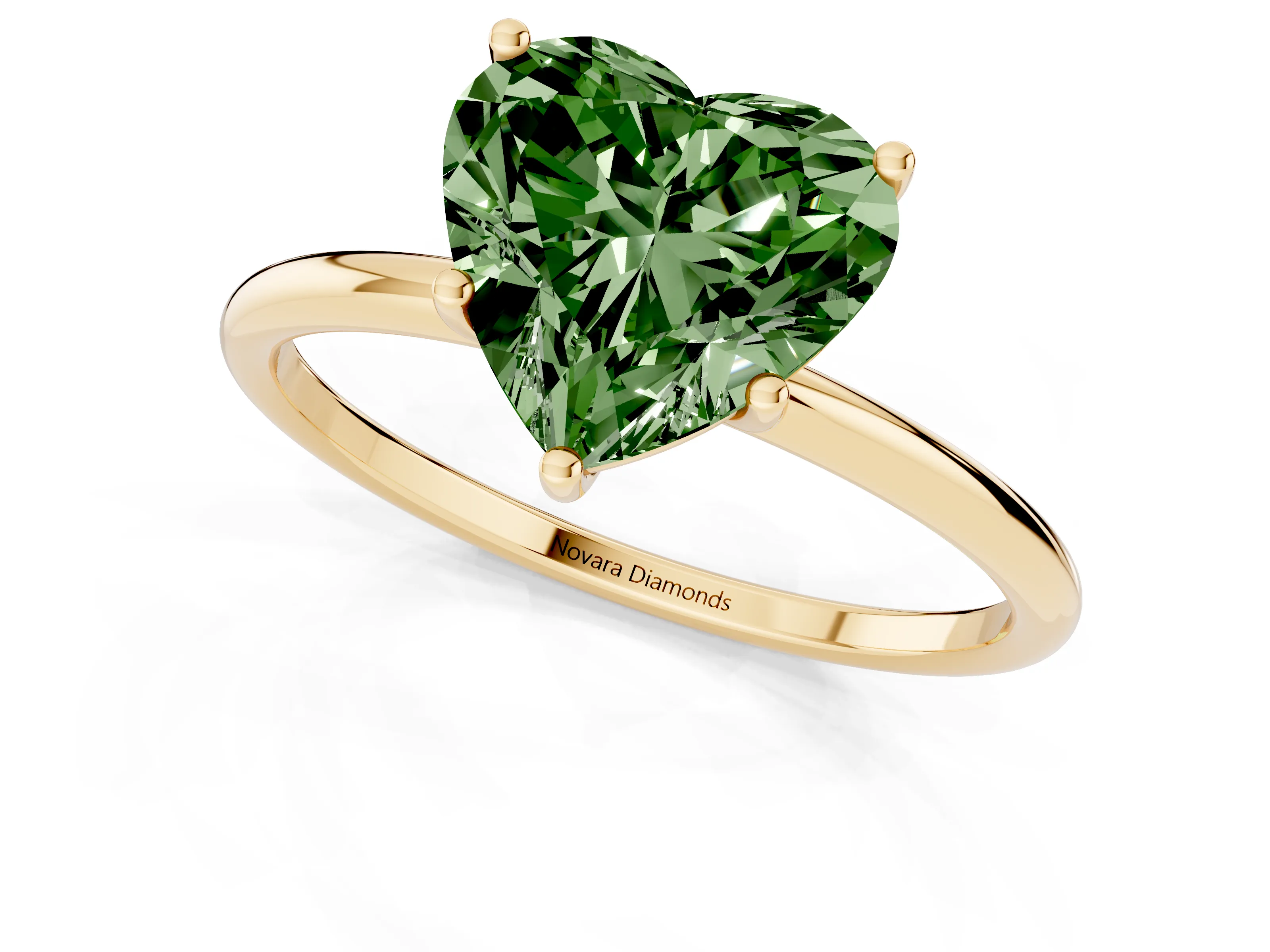 Fancy Green Heart Cut Diamond Solitaire Engagement Ring Set in Yellow gold with Thin Band and Prong Setting