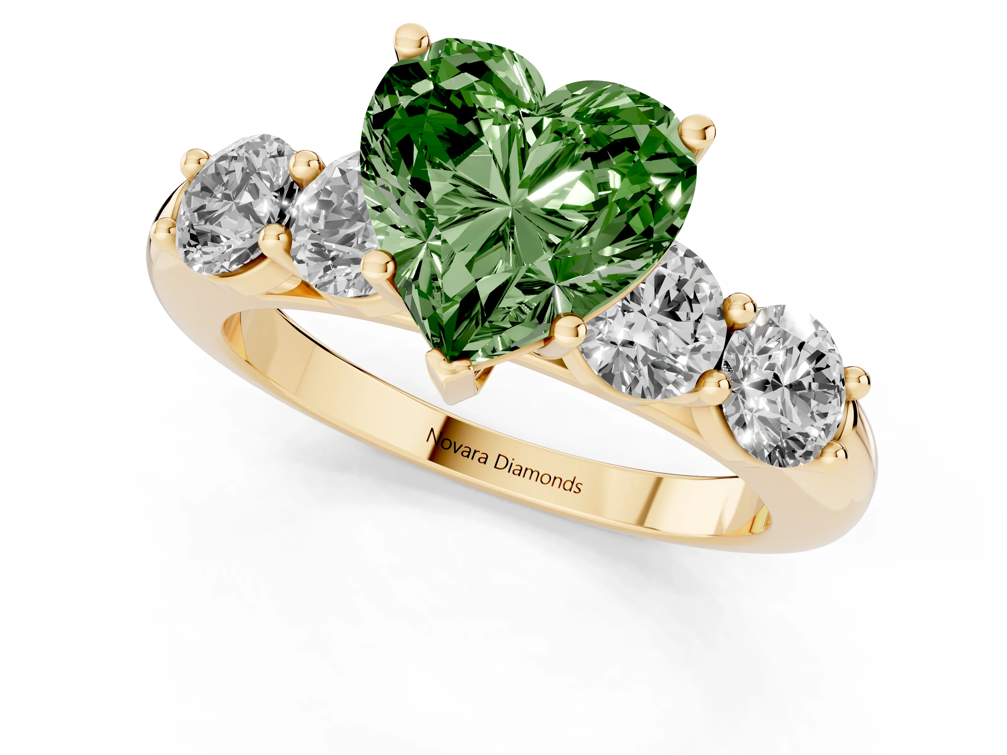 Fancy Green Heart Cut Diamond Five-Stone Prong Set Ring Set in Yellow gold with Classic Band