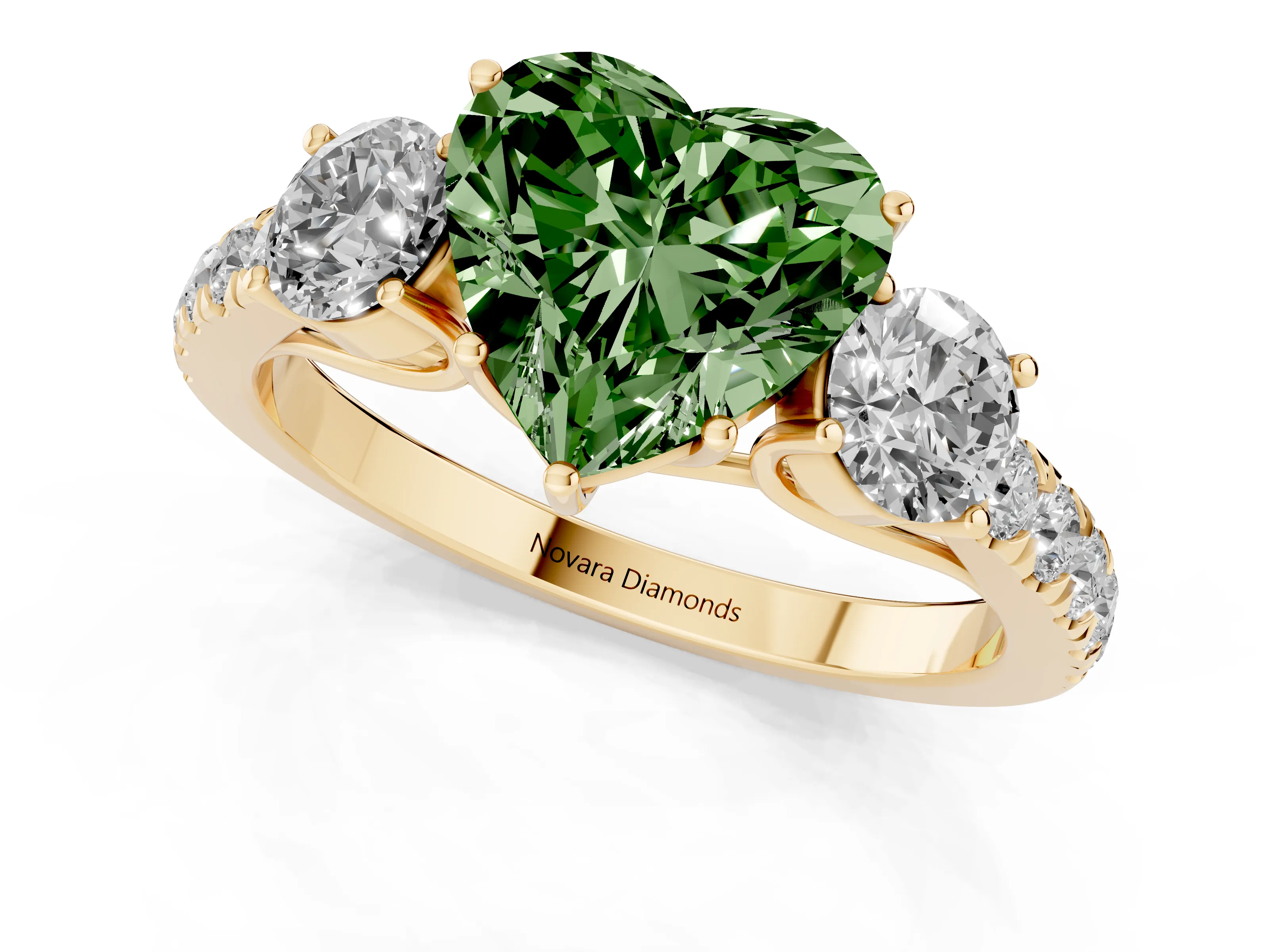 Fancy Green Heart Cut Diamond Three-Stone Ring Set in Yellow gold with Round Side Stones and Delicate Pavé Band