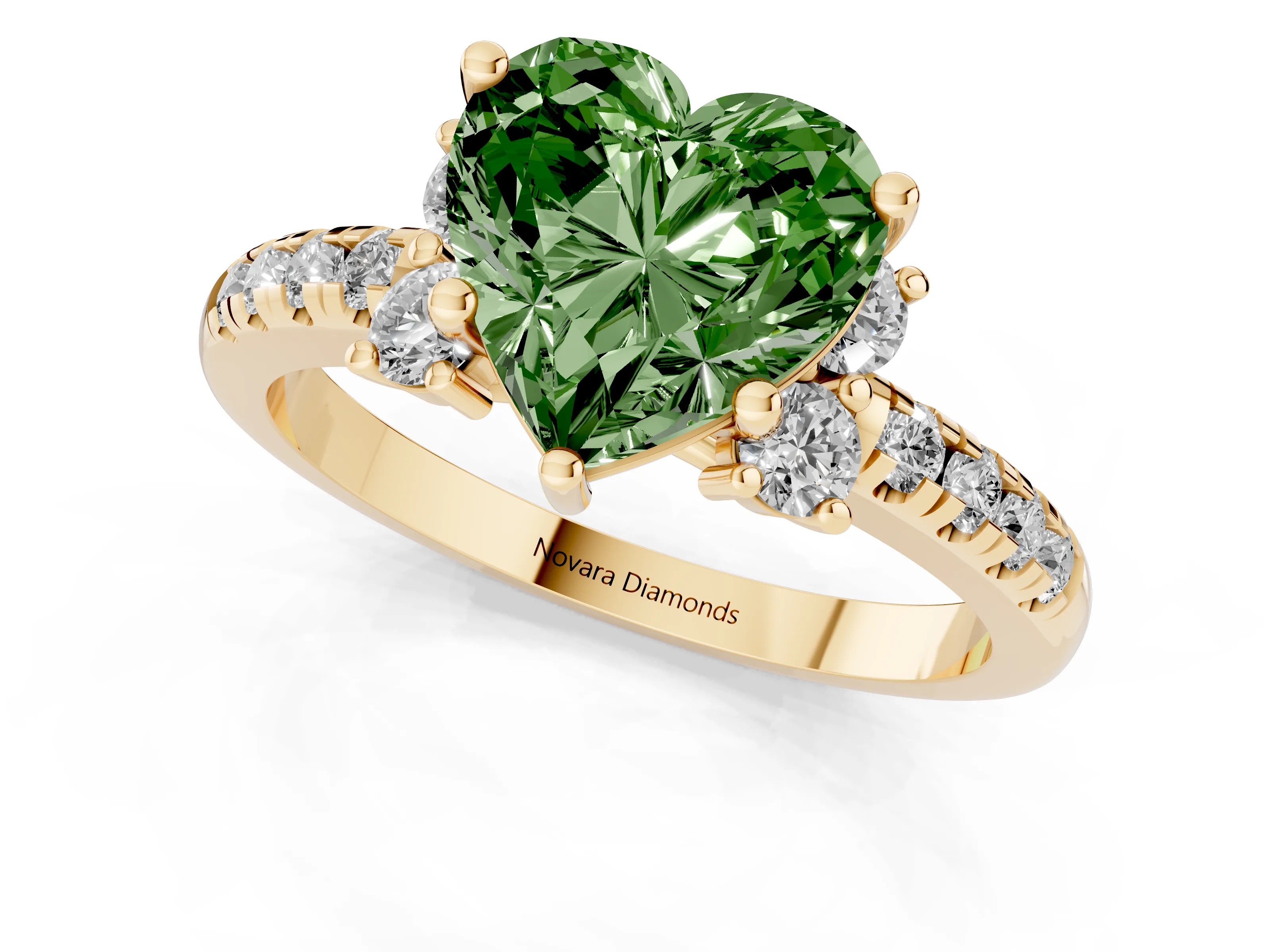 Fancy Green Heart Cut Diamond Three-Stone Pavé Ring Set in Yellow gold with Prong Setting