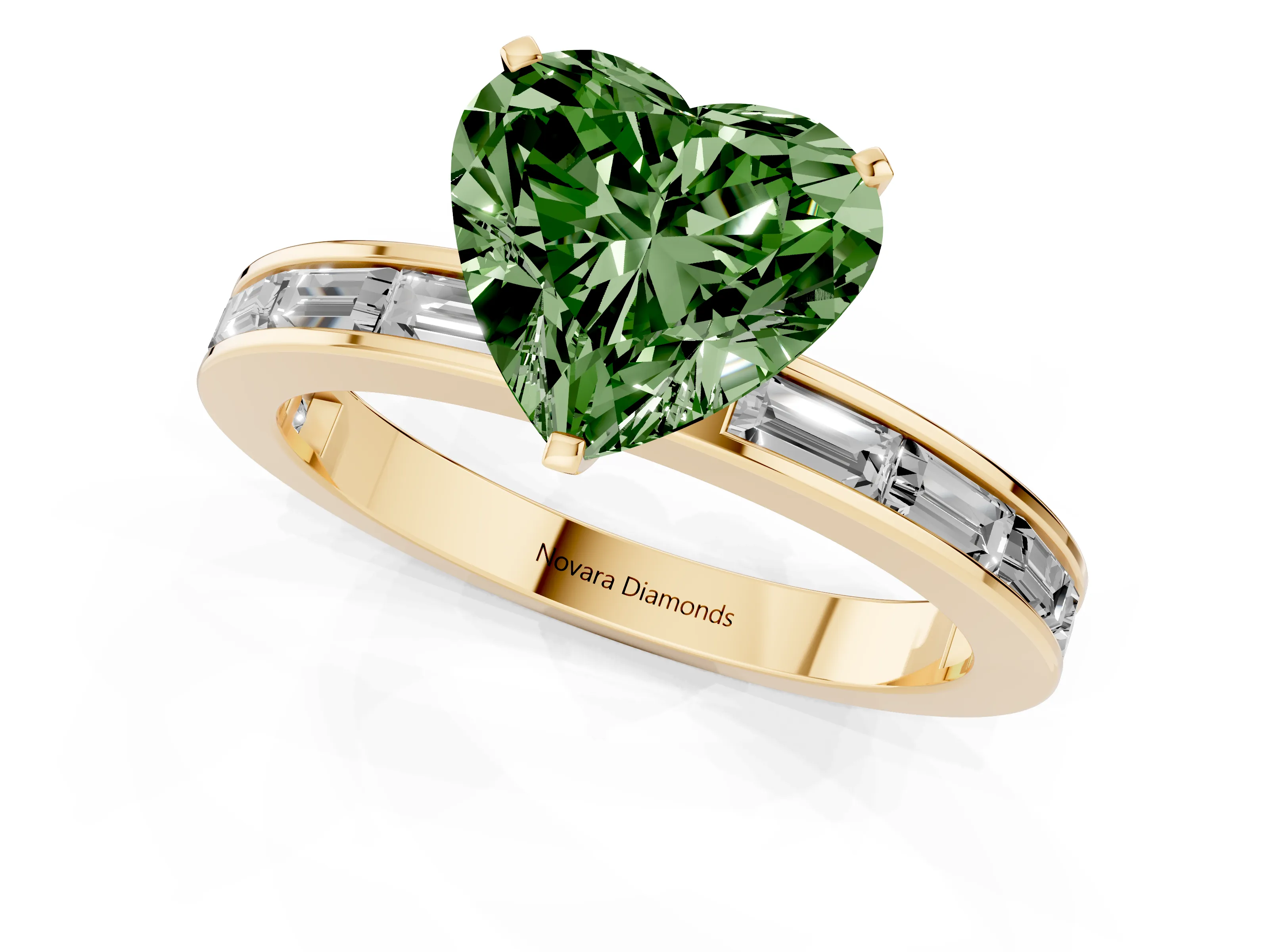 Fancy Green Heart Cut Diamond Solitaire Ring Set in Yellow gold with Channel-Set Baguette Band and Prong Setting