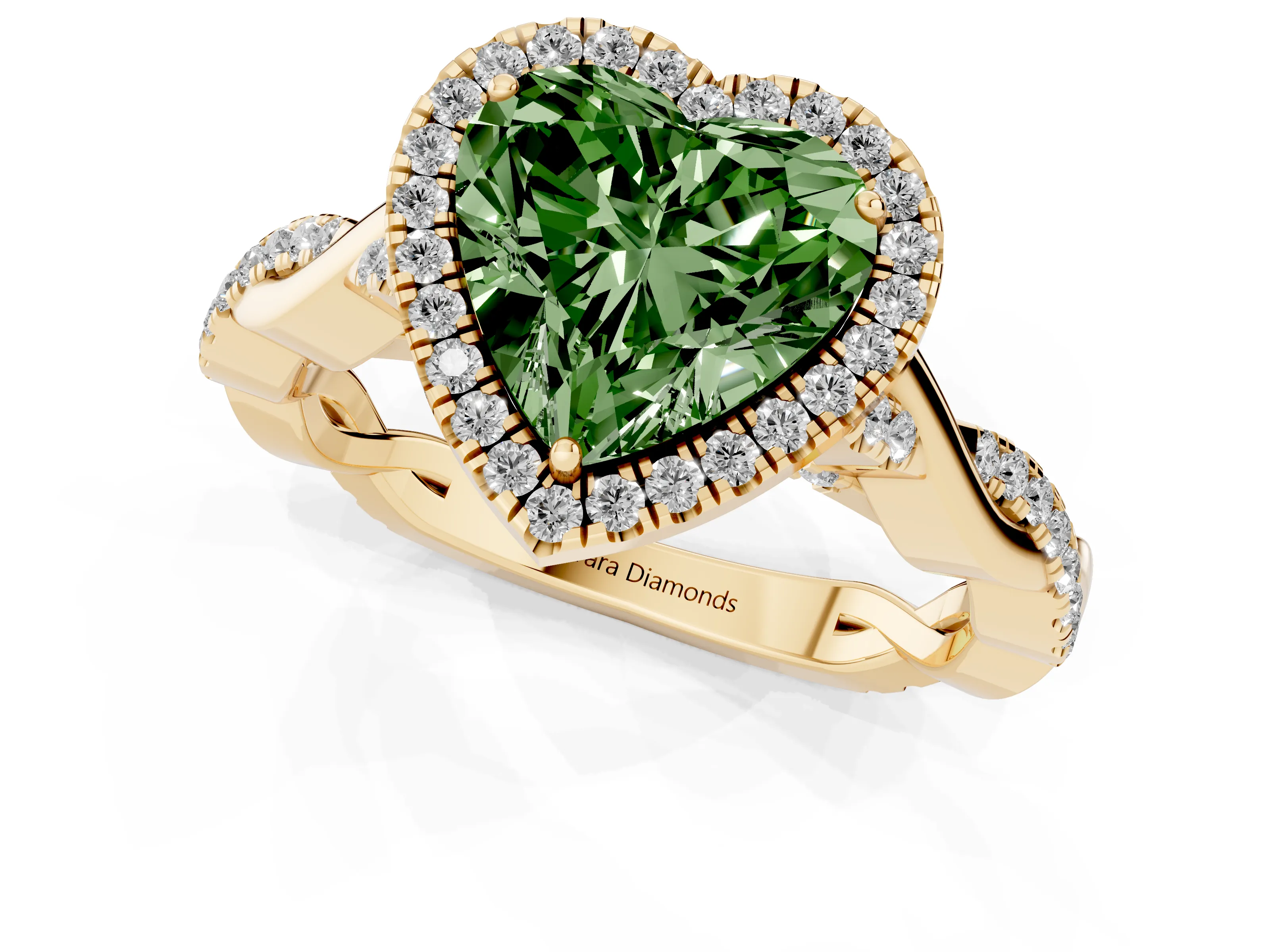 Fancy Green Heart Cut Diamond Halo Twist Band Solitaire Ring Set in Yellow gold with Prong Setting